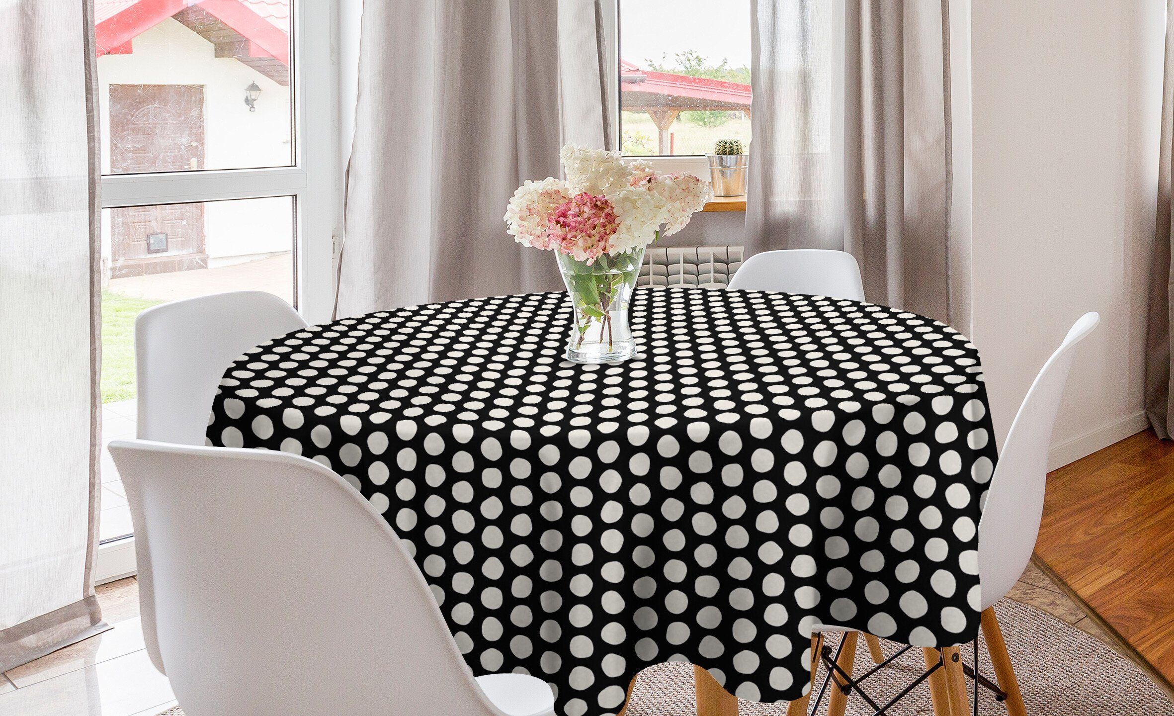 Abakuhaus Tischdecke Kreis Tischdecke Abdeckung für Esszimmer Küche Dekoration, Grau und Elfenbein Jumble Punktformen