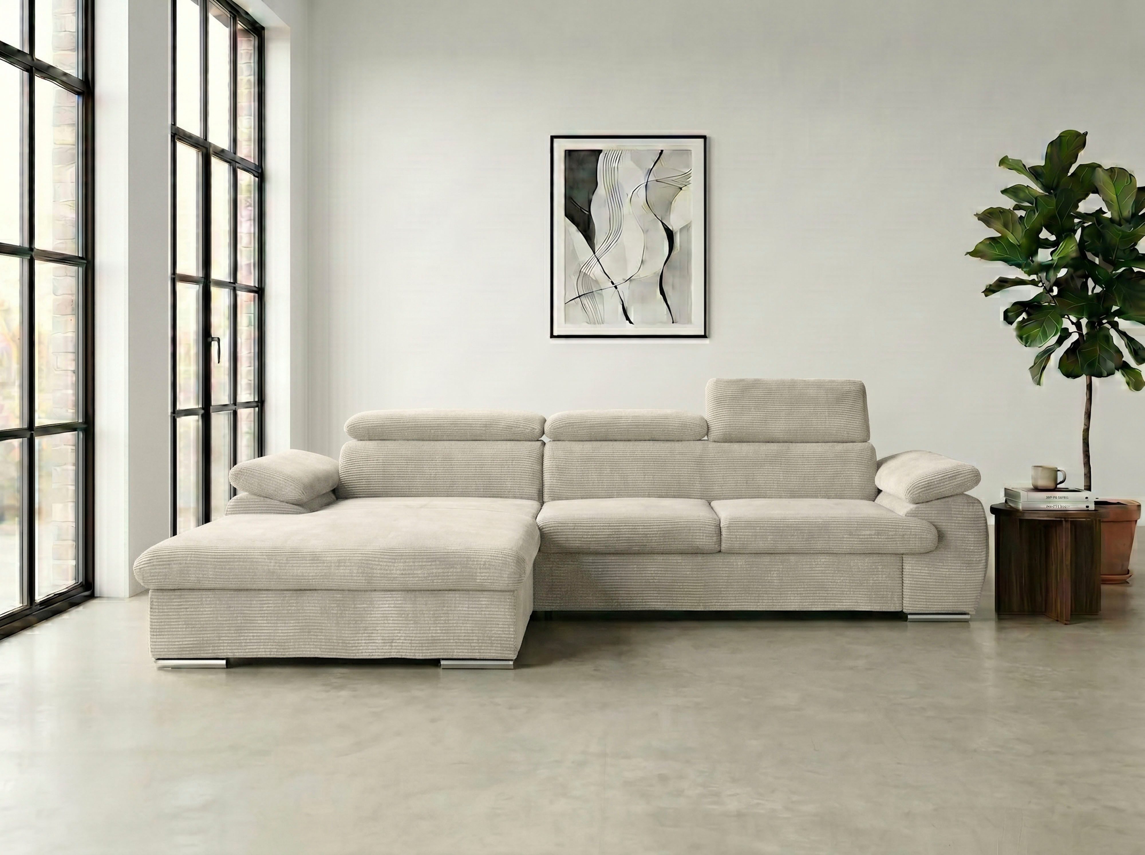 WERK2 Ecksofa Cosmo 282 x 192 cm modern & bequem, Multifunktionen, Bettfunktion, Cord, L-Form, XXL, Schlaffunktion, Bettkasten, verstellbare Kopfteile