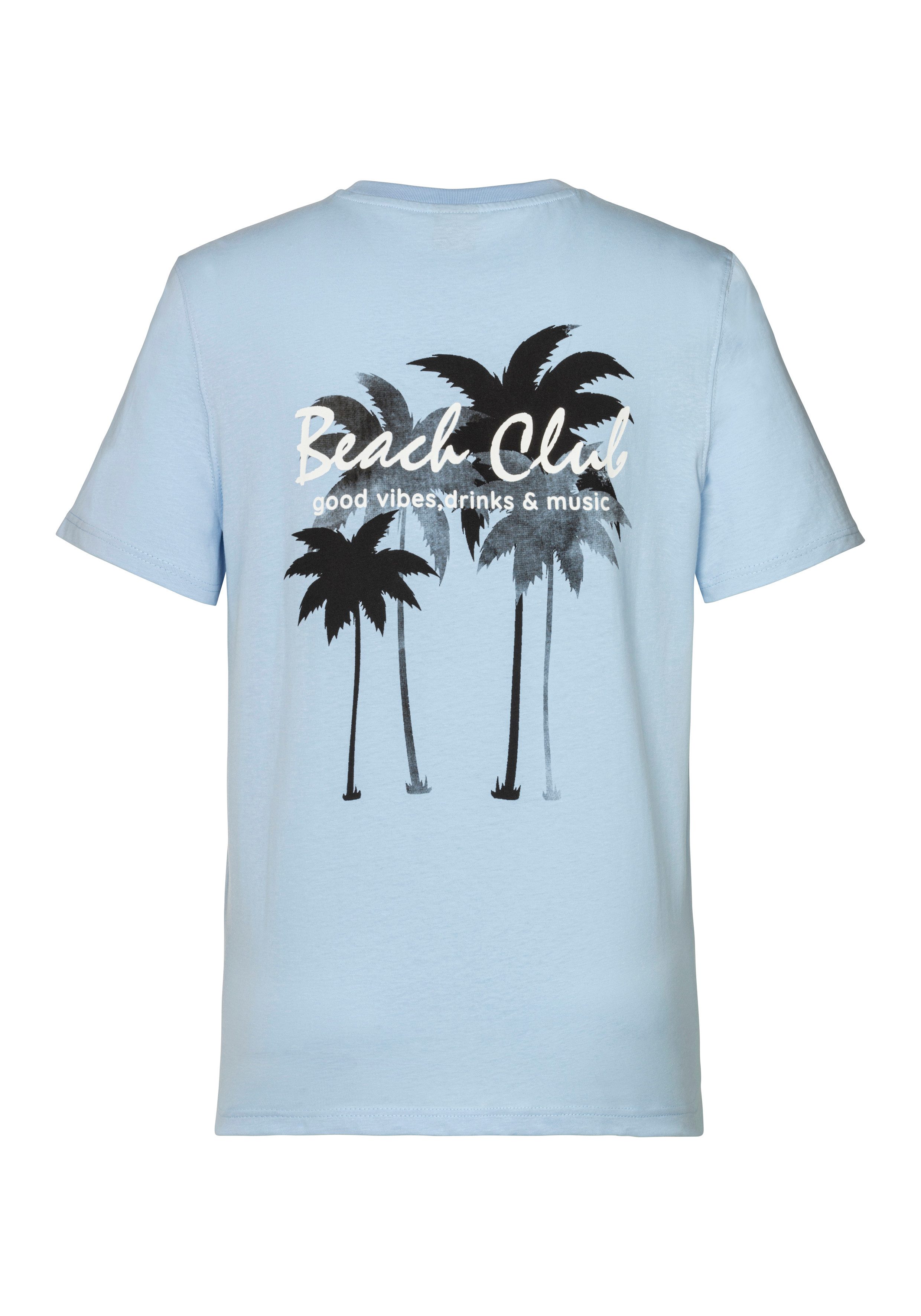 Beachtime T-Shirt, sommerliches Shirt mit modischem Palmen Print Regular-Fit, mit kleinem Print vorn und großem Print hinten