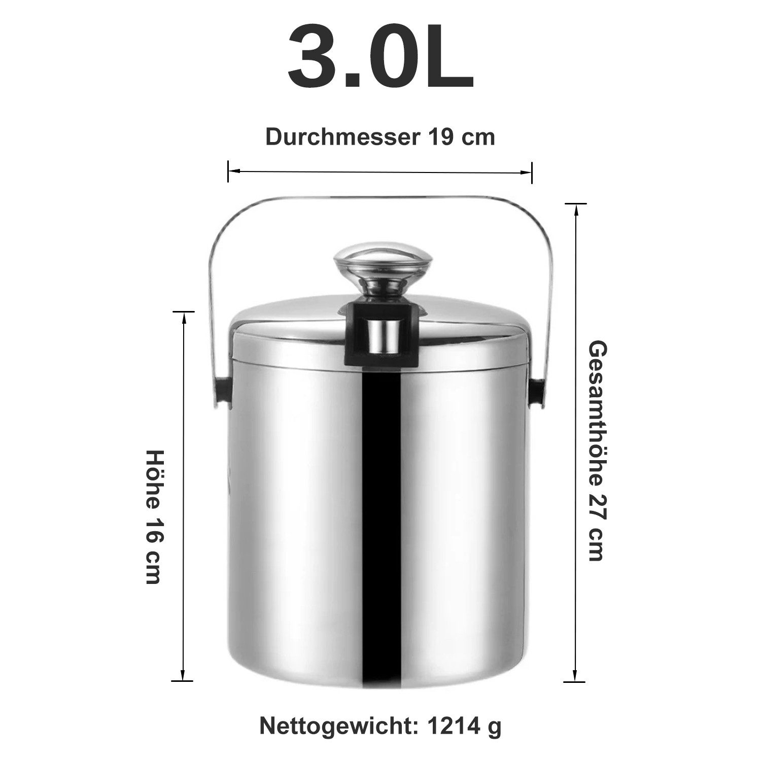 Refined Living Eiseimer 3L Eiskübel mit deckel, Sieb und Eiszange Doppelwandiger Isolierter, Eisbehälter für Eiswürfel Eiswürfel-Eimer für Bar Party Hause