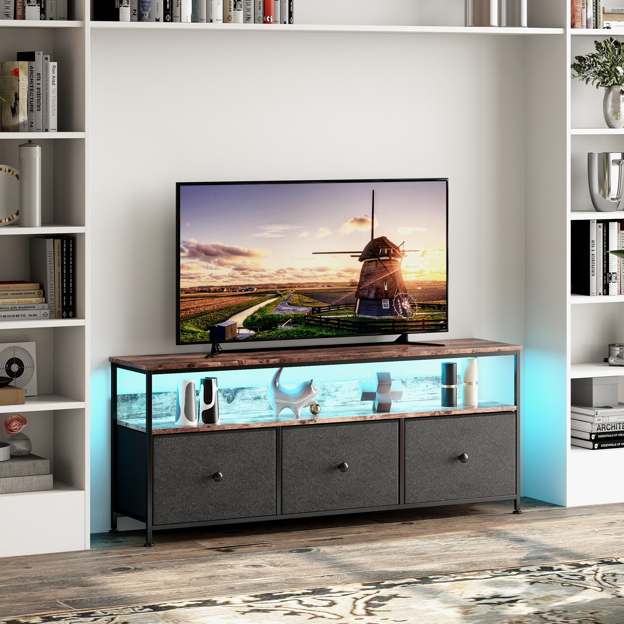 Gdood TV-Schrank Schreibtisch Beistelltisch LED (1-St., Höhenverstellbare Füße, 108 x 30 x 57 cm) Mit Schubladen und 7-farbigen variablen LED-Leuchten,PU-Stoffschublade
