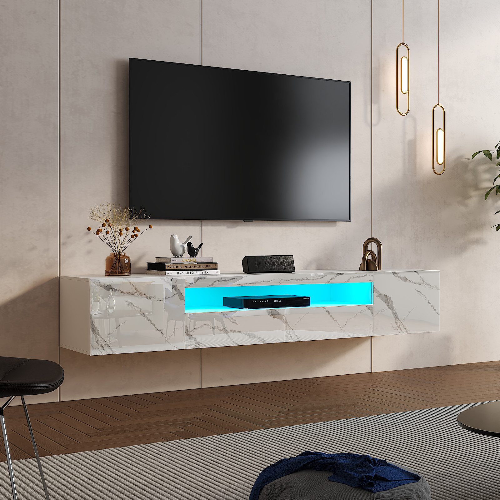 radelldar Lowboard 180cm Hochglanz mit LED-Beleuchtung und Stauraum (1 St), hängender TV-Schrank für Fernseher bis 85 Zoll