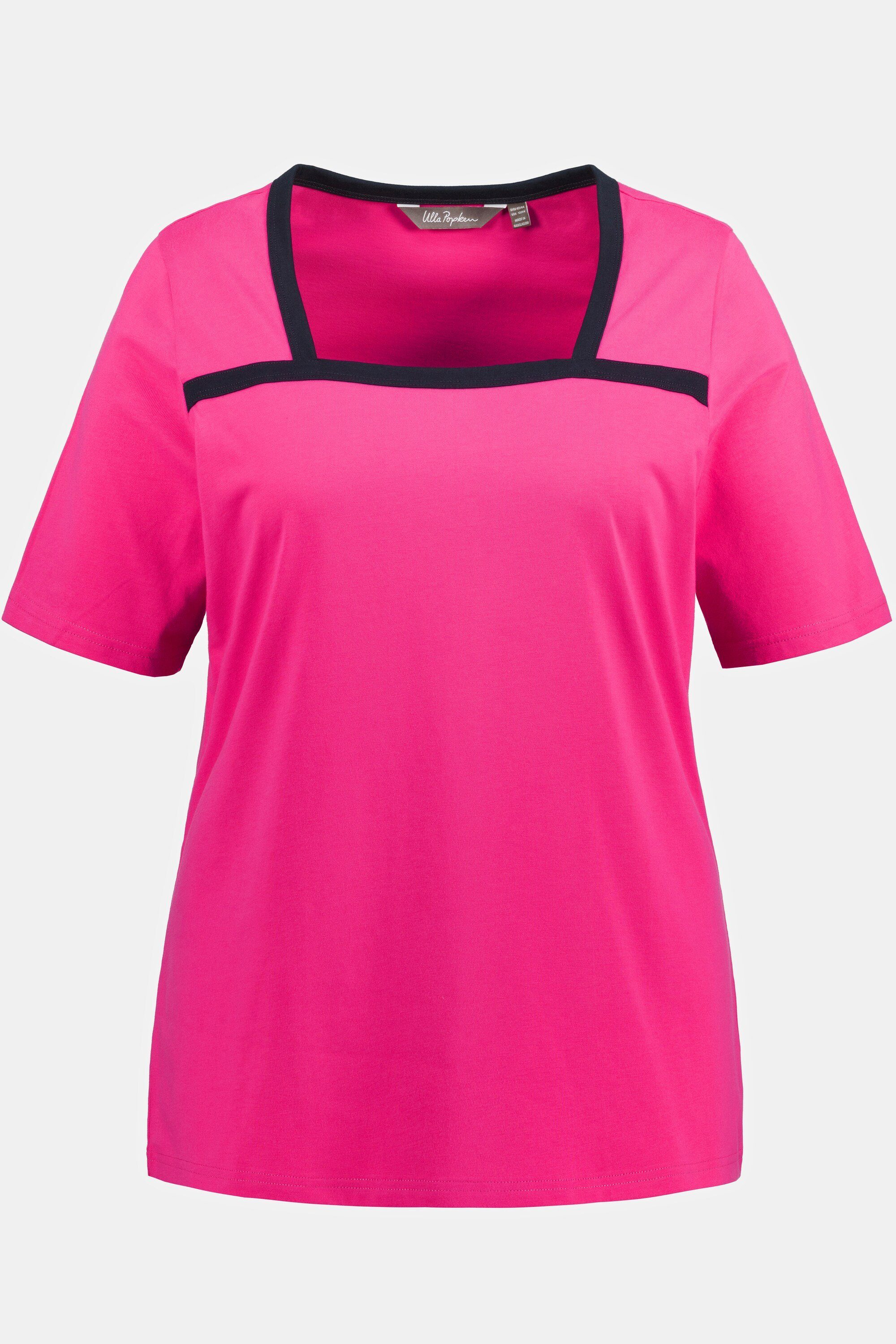 Popken Rundhalsshirt pink Carree-Ausschnitt Ulla T-Shirt Halbarm Slim Zierpaspel