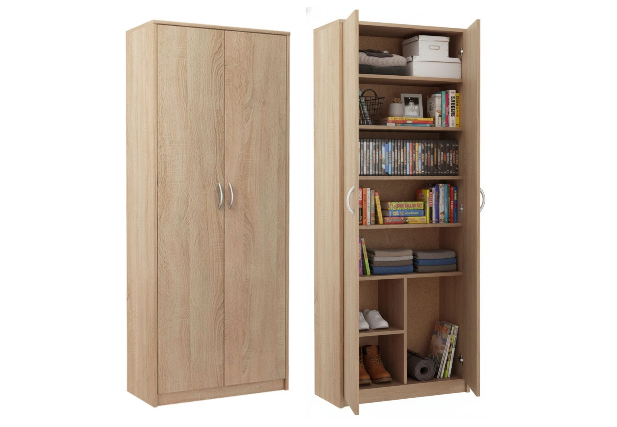 Home Collective Mehrzweckschrank mit 8 Fächern Besenschrank Haushaltsschrank (74 cm breit aus Laminatplatte und hochwertigen Polymergriffen) in mattem Finish mit 6 Einlegeböden und 2 Türen sonoma