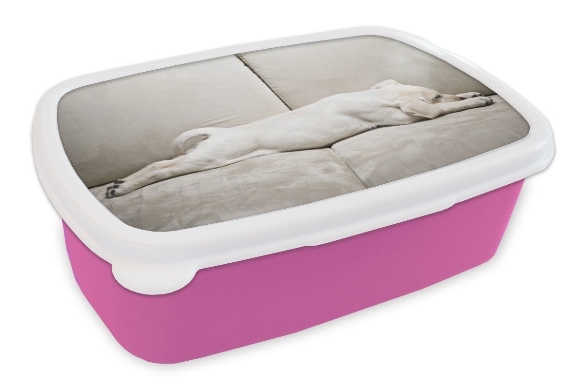 MuchoWow Lunchbox Labrador-Welpe auf Sofa, Kunststoff, (2-tlg), Brotbox für Erwachsene, Brotdose Kinder, Snackbox, Mädchen, Kunststoff rosa