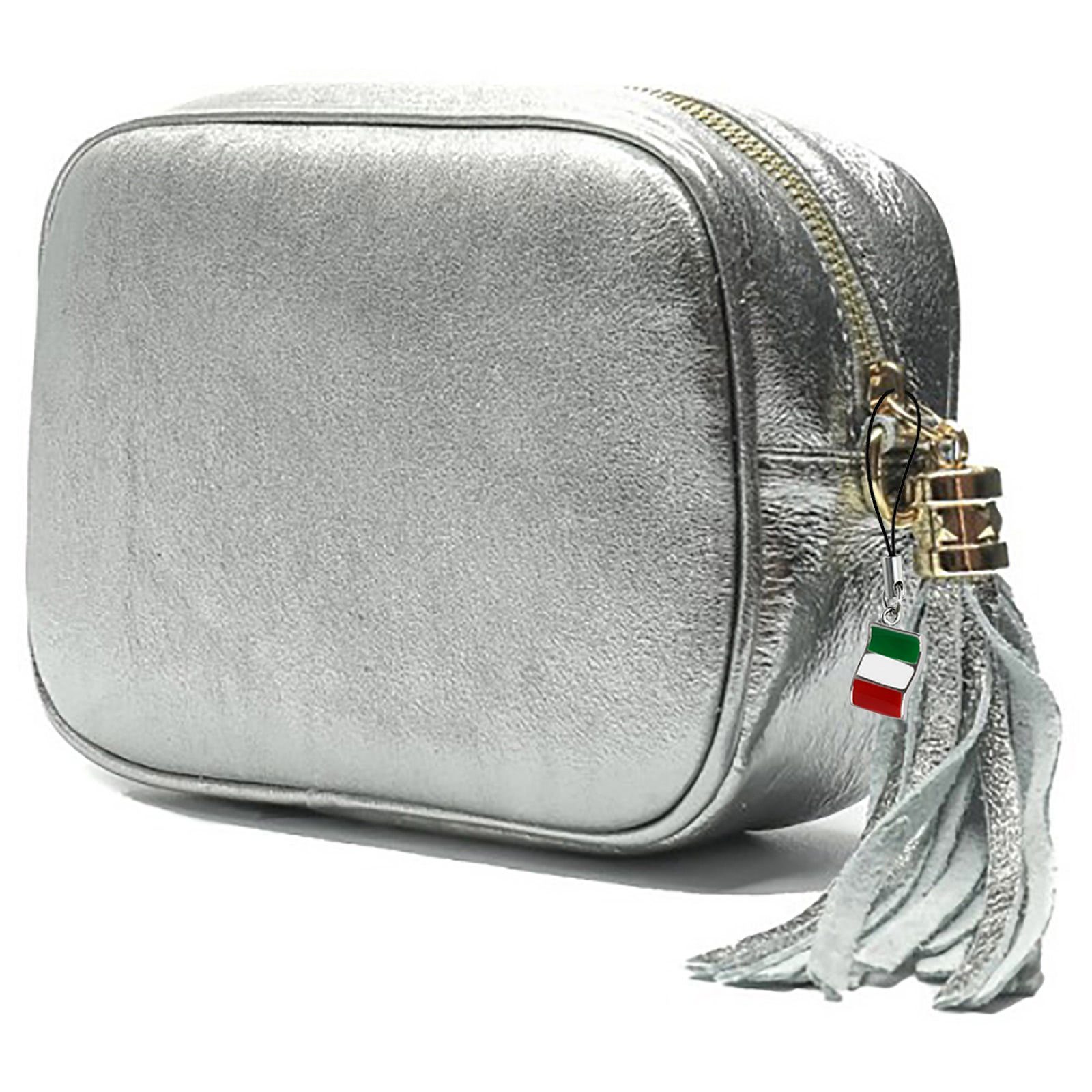 FLORENCE Umhängetasche Florence Umhängetasche Echtleder Tasche (Umhängetasche), Damen Umhängetasche Leder, silber metallic ca. 21cm x ca. 16cm