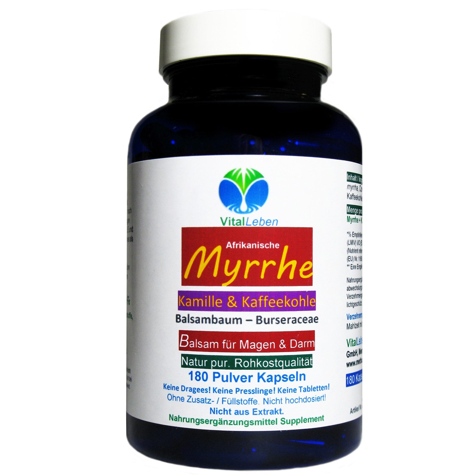 VitalLeben Myrrhe, Kamille + Kaffeekohle Balsam für den Darm nach Ayurveda Kapseln, 1 er Dose à 180 St., 90 g, Kein Extrakt, naturdosiert (nicht künstlich hochdosiert)