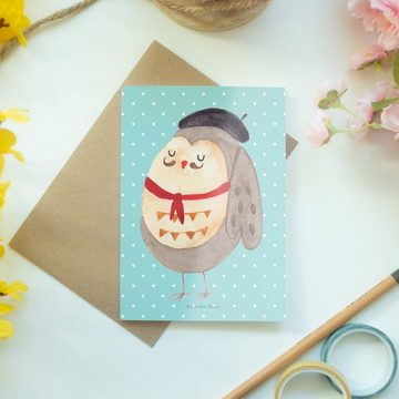Mr. & Mrs. Panda Grußkarte Eule Frankreich - Türkis Pastell - Geschenk, Glückwunschkarte, Karte, Hochglänzende Veredelung