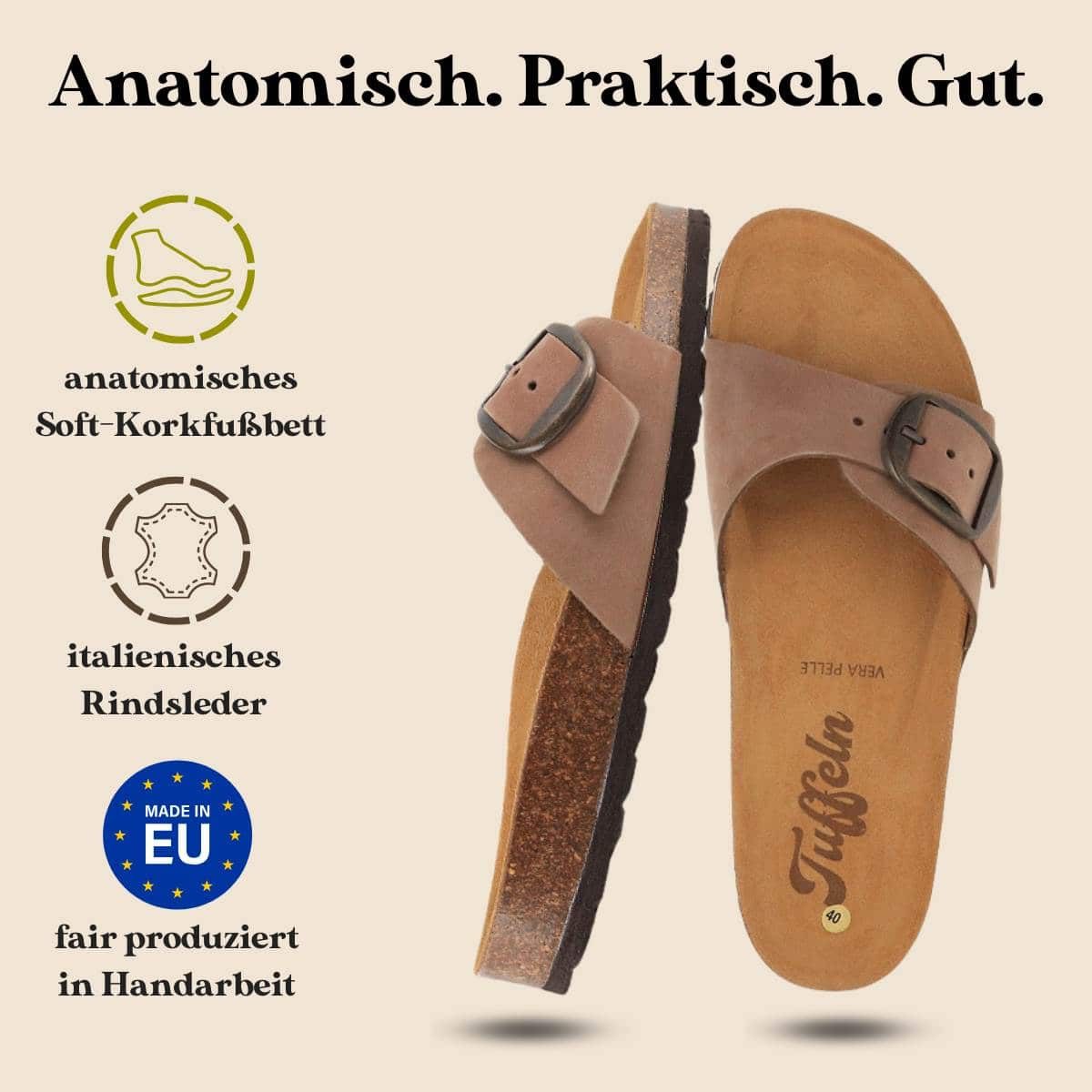Tuffeln Damen Pantoletten Sandalen Fehmarn für schmale Füße Hausschuh mit gepolstertem Tieffussbett