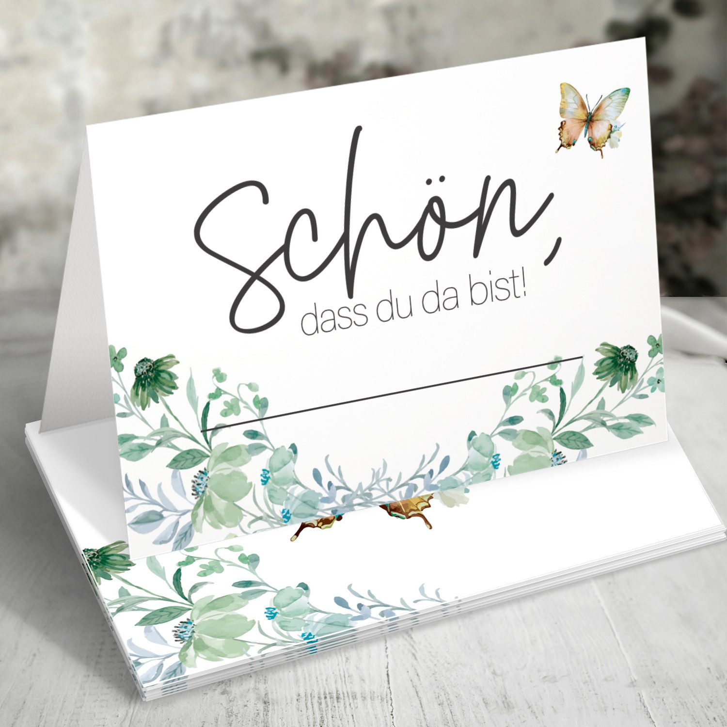 Funke & Brand Вітальні листівки 50x Schön, dass du da bist! Tischkarten Floral Butterfly Salbeigrün