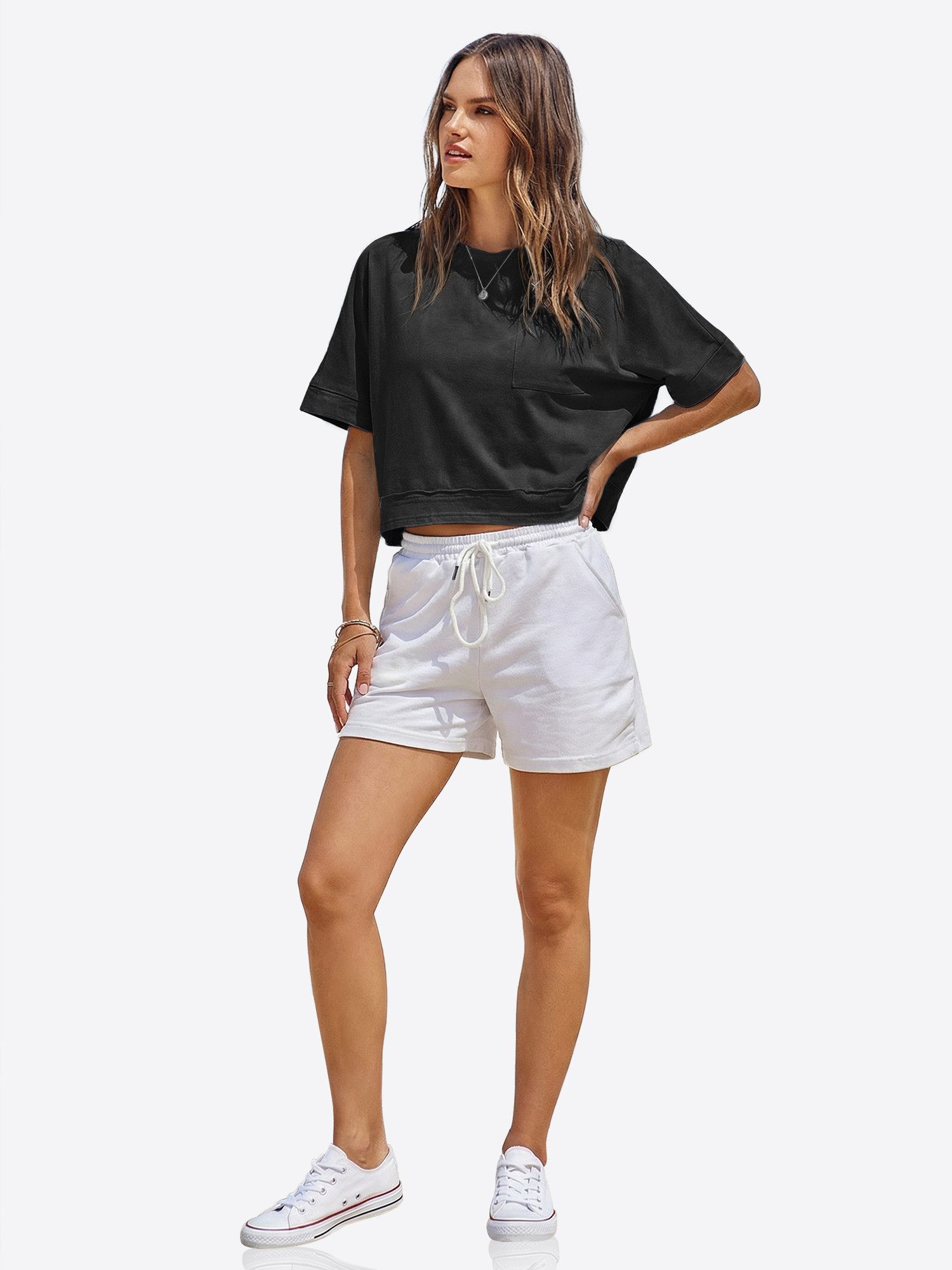 Imily Bela T-Shirt Damen Oversize Cropped Kurzarm Sommer Basic Casual mit Brusttasche (Packung, 1-tlg., 1per-Pack) mit Rundhalsausschnitt in Unifarbe – Bild 3 von 5
