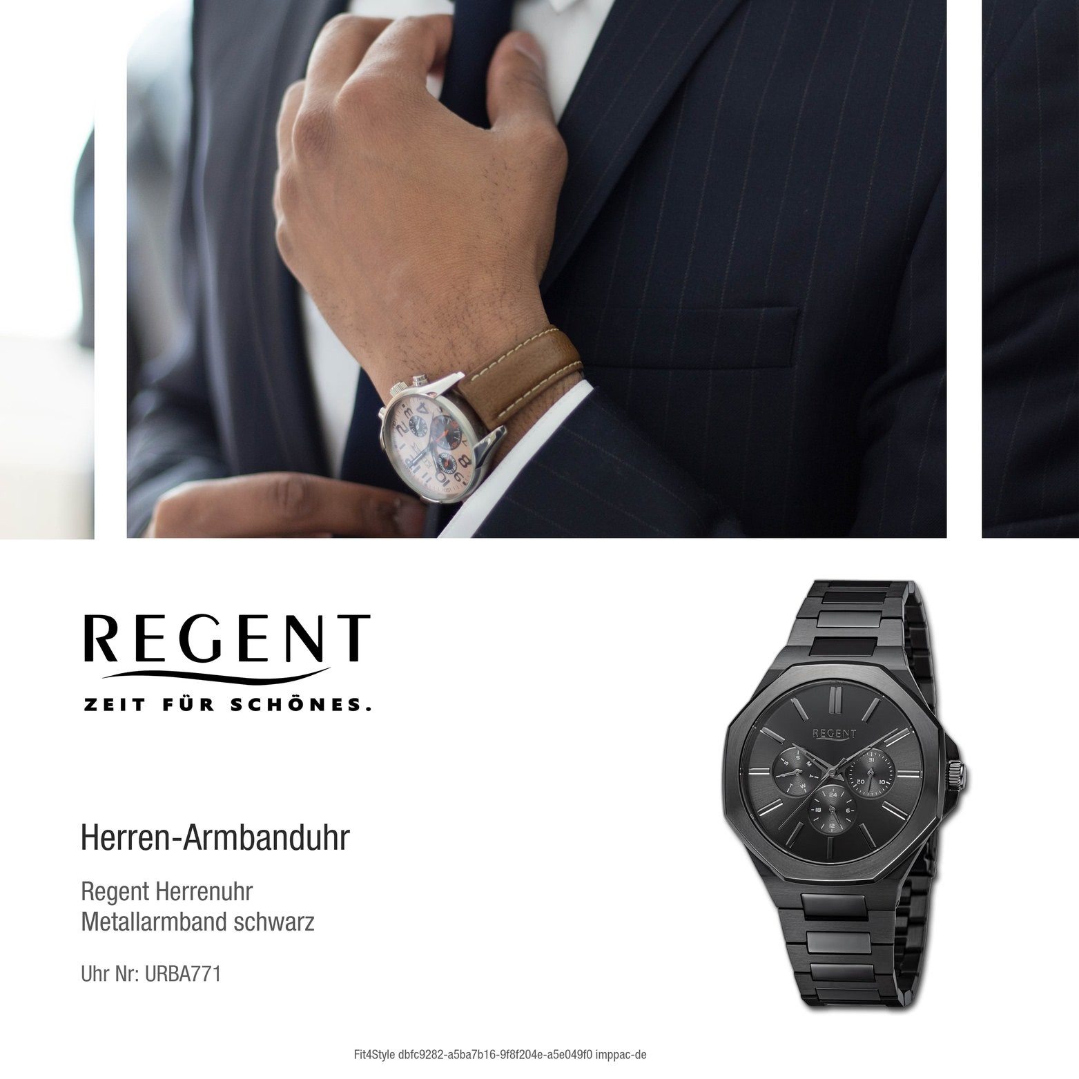 Regent Quarzuhr Regent Herren Armbanduhr Gehäuse, (ca. extra schwarz, Metallarmband rundes Herrenuhr groß 42mm) Analog