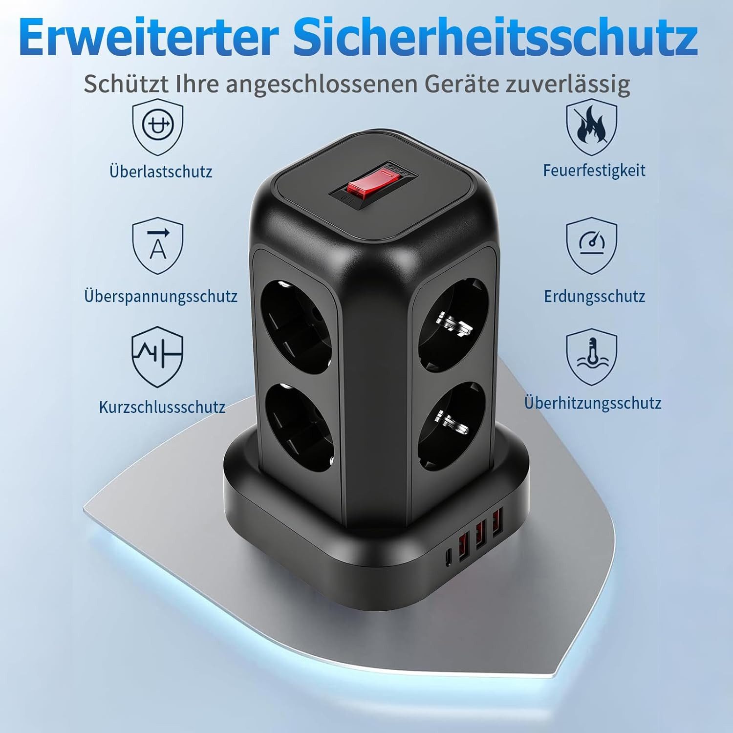 Romatico Steckdosenturm USB-C & USB-A 8 Steckdosen Schalter Überspannungsschutz Mehrfachsteckdose 8-fach (Mehrfachsteckdose, USB-C, USB-A, 8 Steckdosen, Schalte – Bild 4 von 5