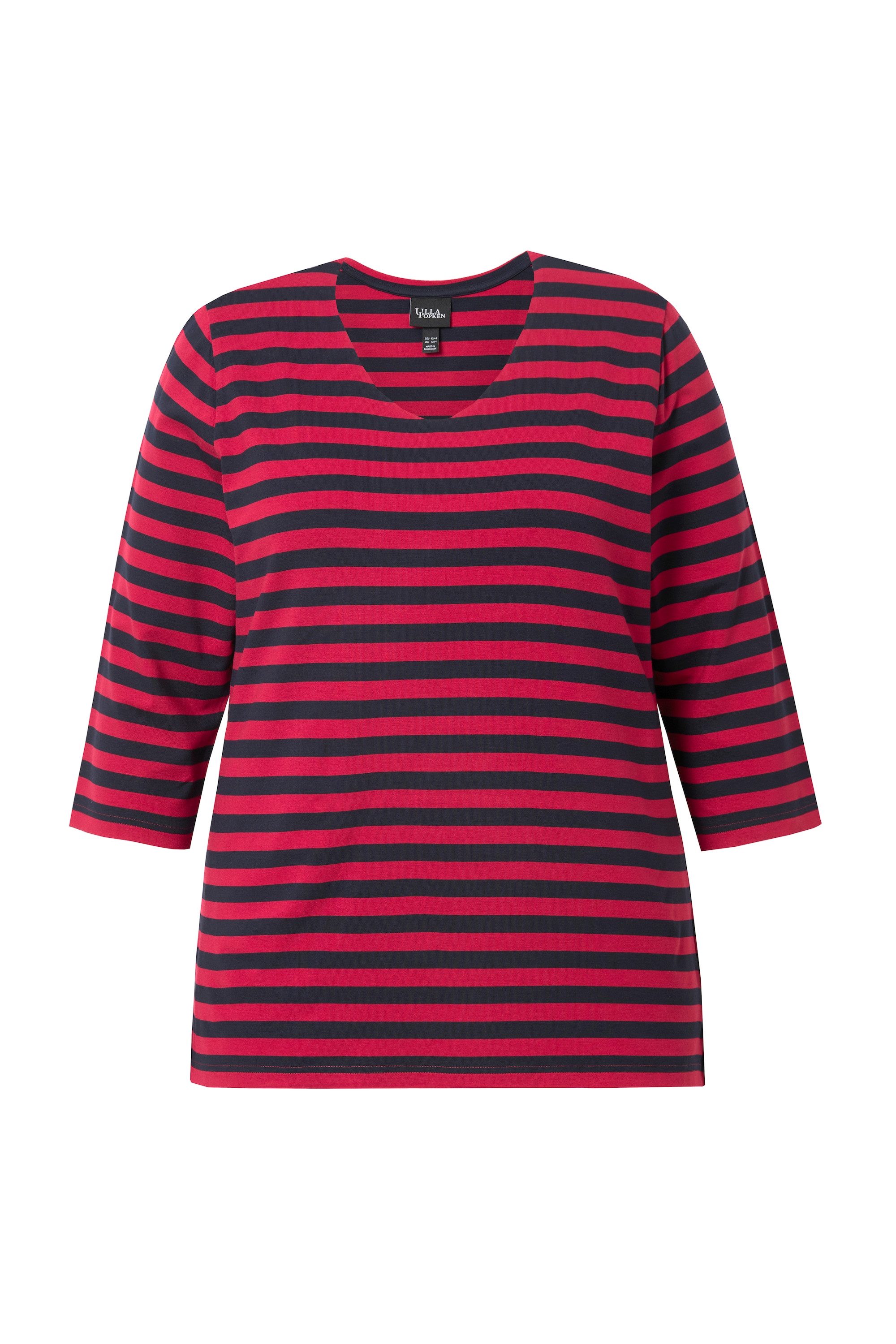 Ulla Popken T-Shirt Ringelshirt vorne doppellagig V-Ausschnitt 3/4-Arm günstig online kaufen