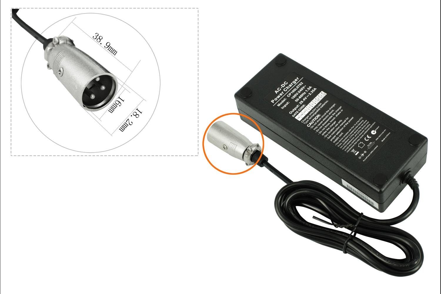 PowerSmart CP100L0702E.003 Batterie-Ladegerät (29,40V Ausgang, 3-PIN XLR) 2,35A für eBike 3 pin Anschluss 24V Akku, 24 V)