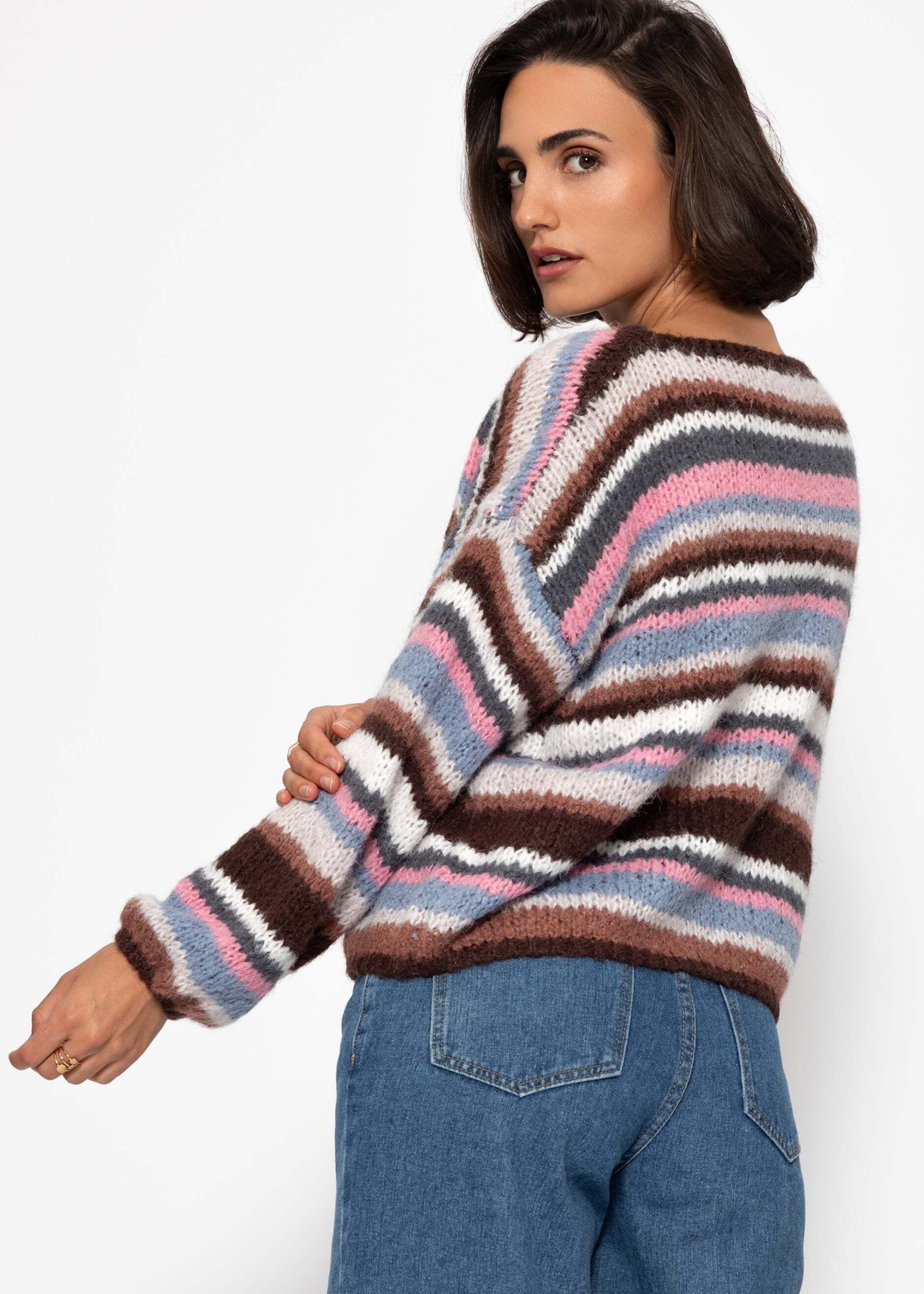 SASSYCLASSY Strickpullover Gestreifter Strickpullover für Damen Mehrfarbiger oversized Pullover in weicher Textur Orange Braun