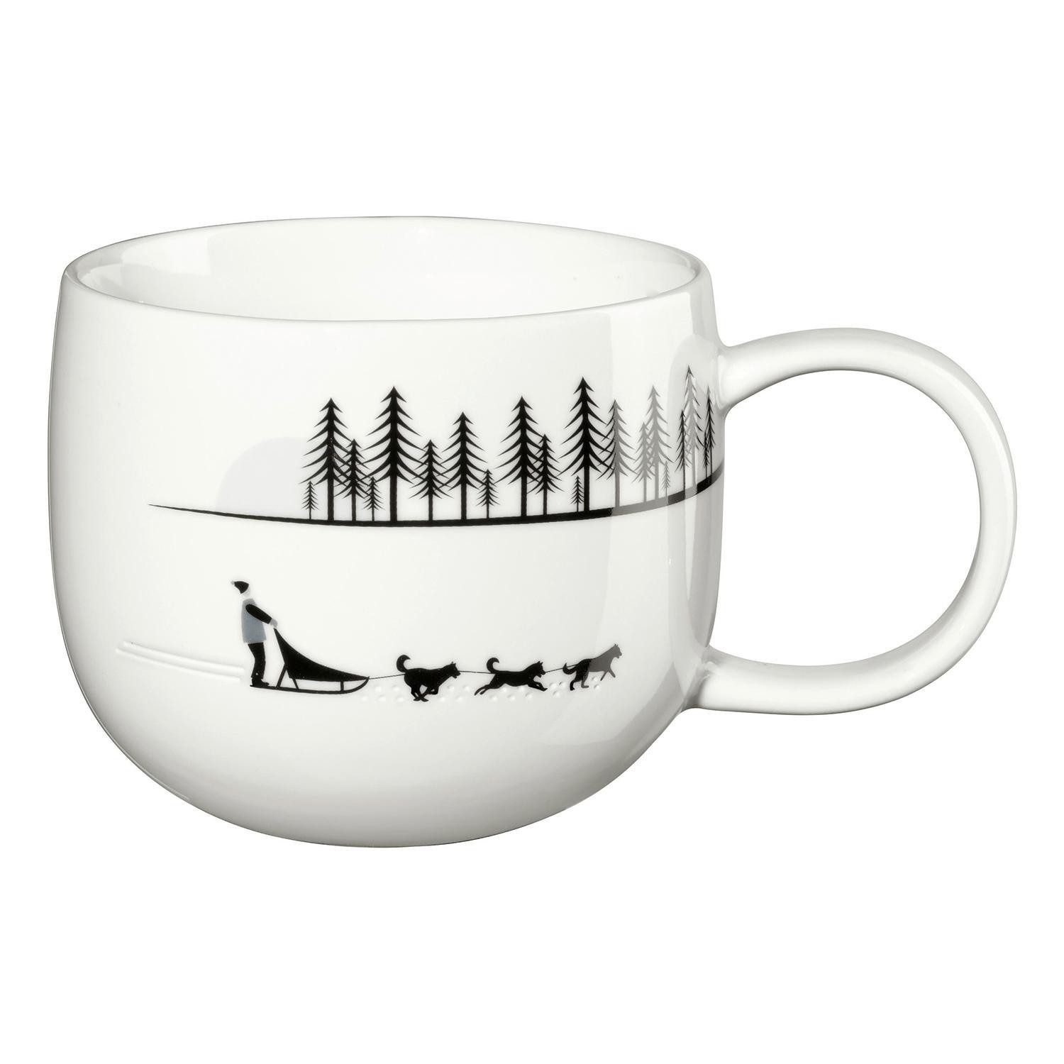 ASA SELECTION Tasse JOY, Henkelbecher, Weiß, Schwarz, 400 ml, Keramik, Nadelwald mit Hundeschlitten in Schwarz mit eingedrückten Schneespuren