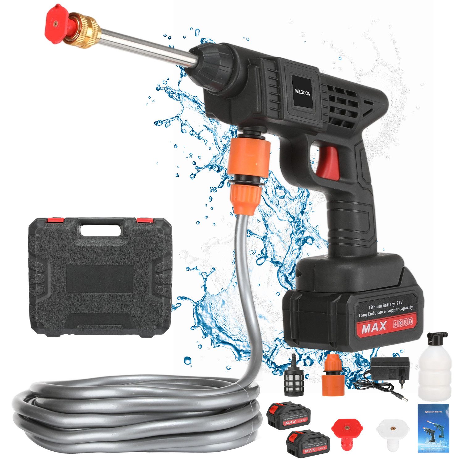 WILGOON Akku-Hochdruckreiniger Handgehaltene Autowaschpistole, Druckreiniger Mobiler, Druck max: 30 bar, Fördermenge max: 240 l/h, inkl. Akku 21V/3,0 Ah und 6-in-1-Düse, Bürstenloser Motor, 5m Schlauch
