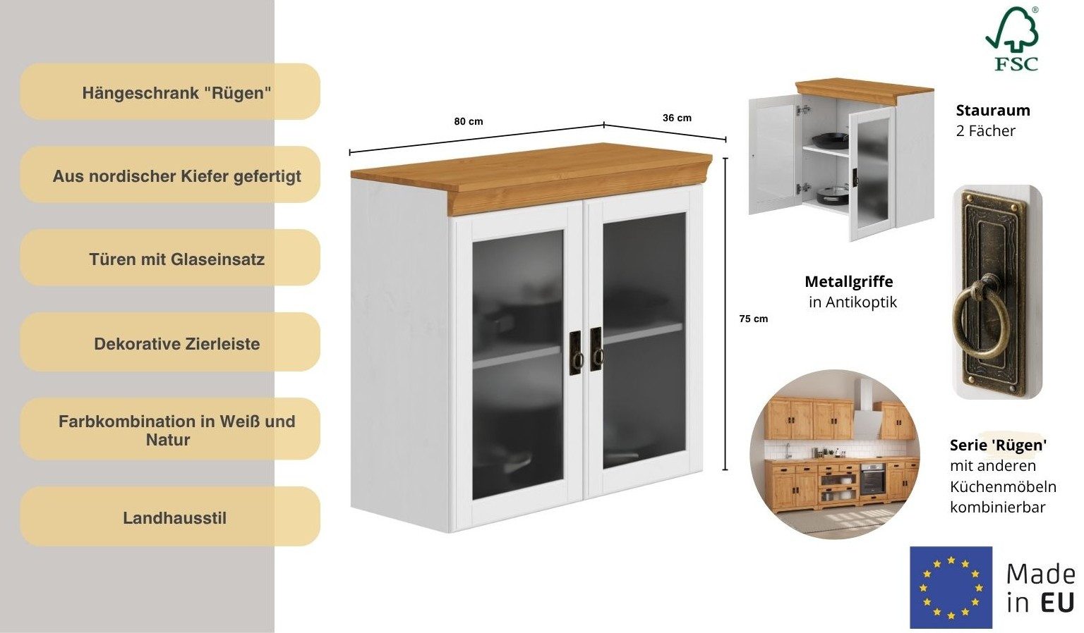 OTTO home Hängeschrank Rügen Breite 80 cm, FSC® zertifiziertes Massivholz, Türen mit Glaseinsatz