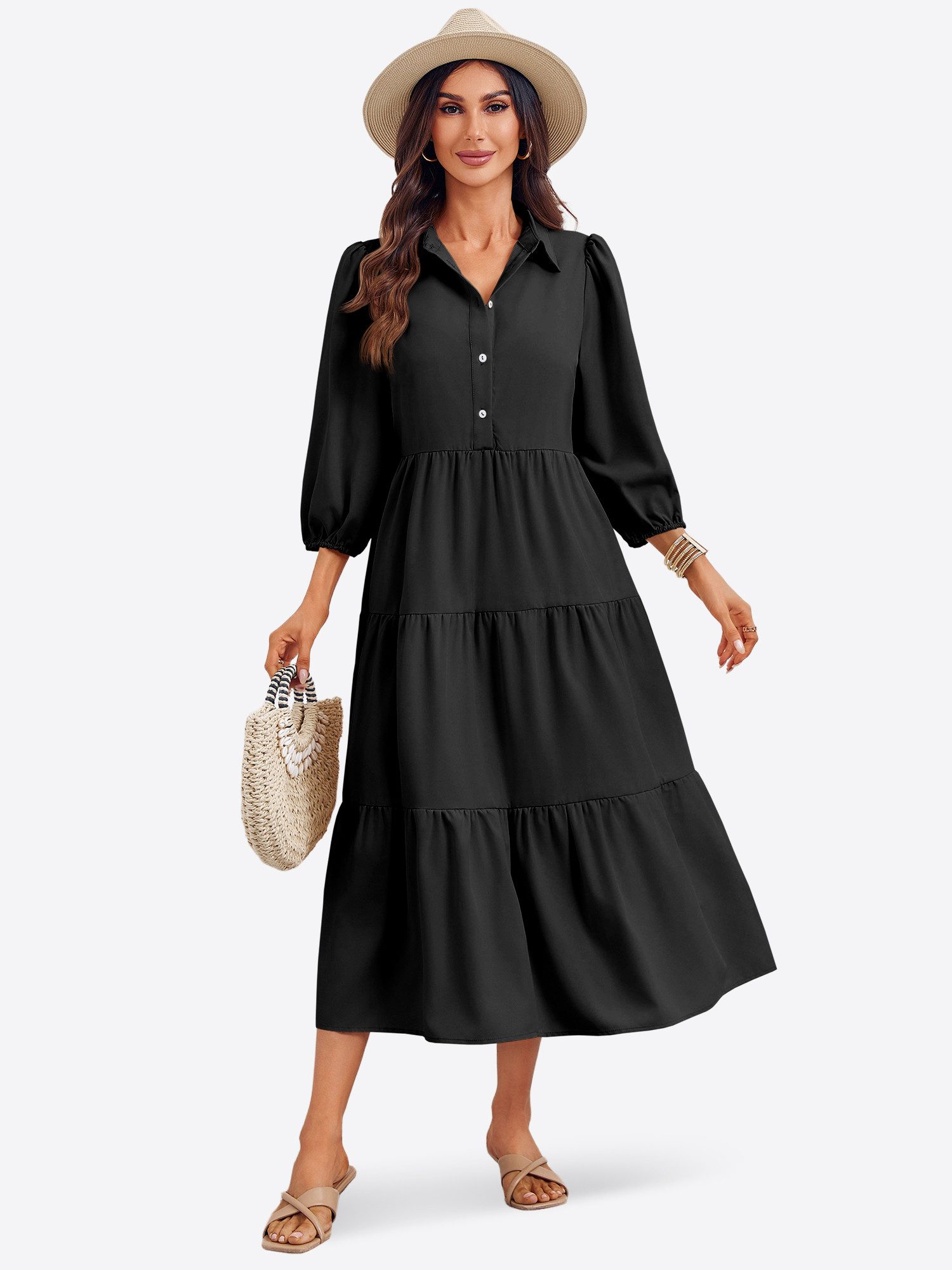 Imily Bela Blusenkleid Damen 3/4-Ärmel Hemdkleid (Packung, 1-tlg., 1per-Pack) mit Knöpfen