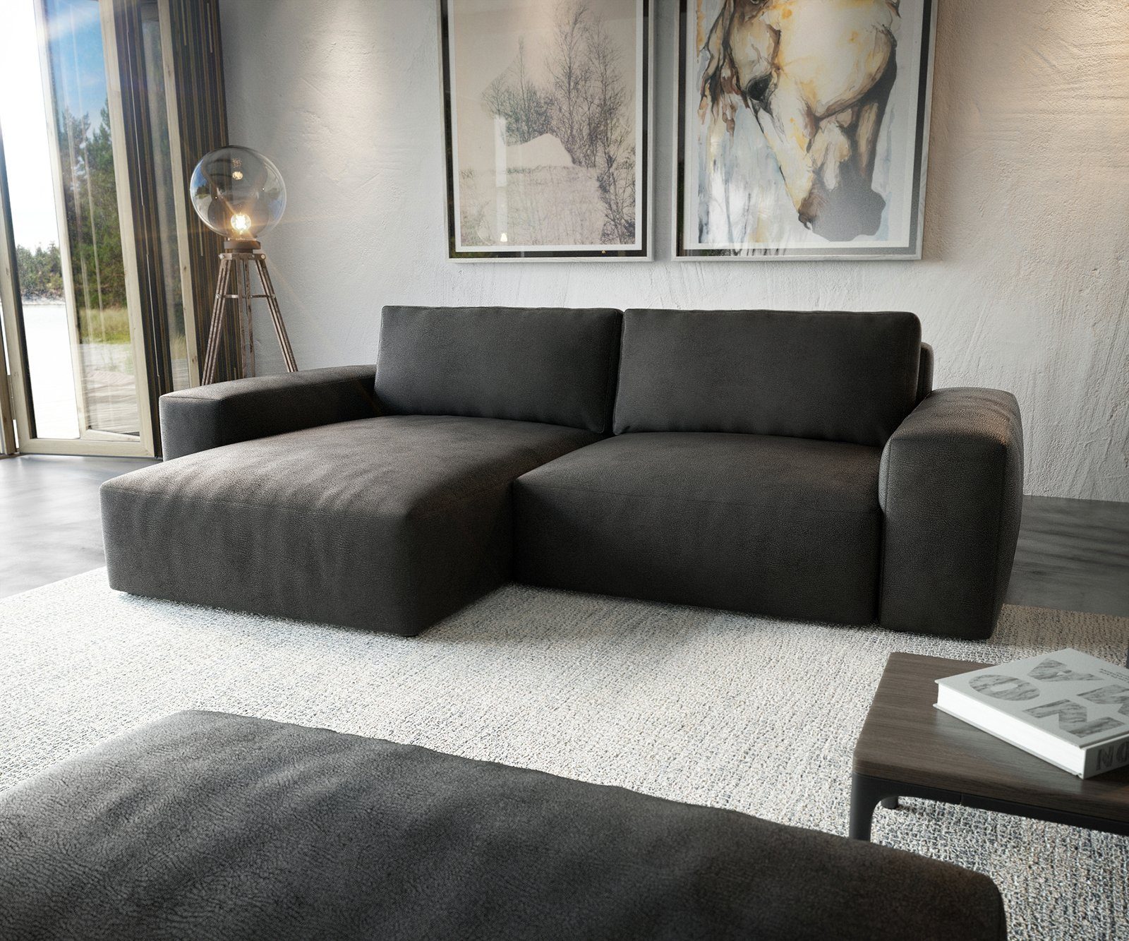 DELIFE Ecksofa Lanzo, XL Lederimitat Vintage Anthrazit 270x180 Recamiere variabel Hocker