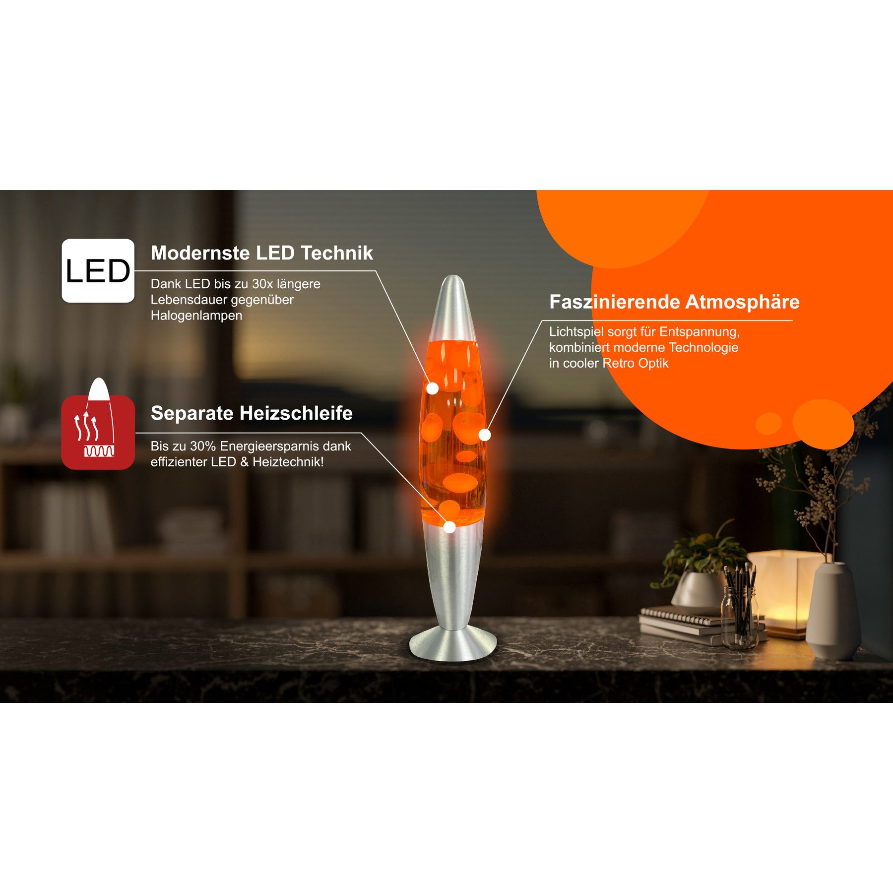 BLULAXA LED Lavalampe BLULAXA LED-Lava-Tischleuchte, 49985, 25W, 40 cm, weiß/orange