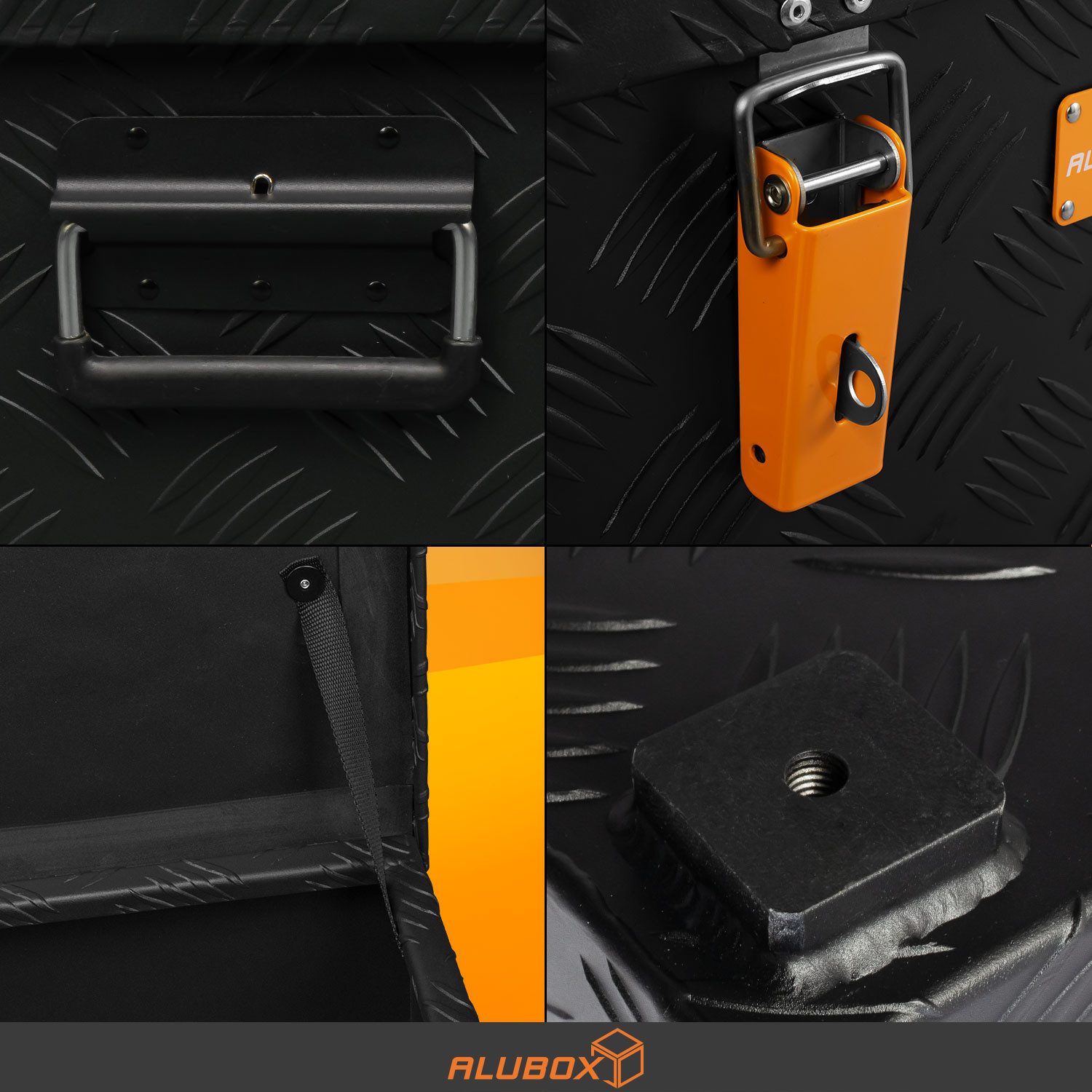 ALUBOX Aufbewahrungsbox Riffelblech Gartenbox outdoor Alukiste schwarz (37 Liter), Fangbänder im Deckel - 4 Standfüße mit M10 Innenwinde - abschließbar