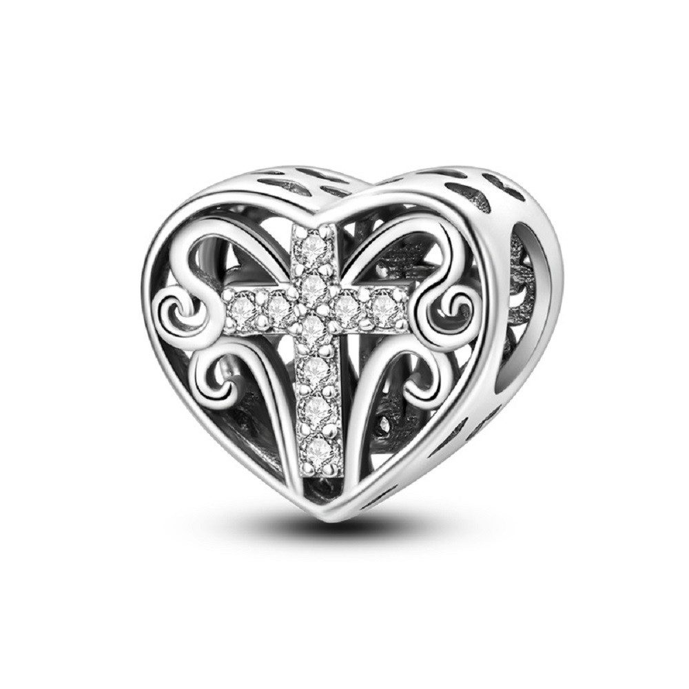 Bead Kreuz mit Steinen im verzierten Herz Charm, 925er Sterling Silber
