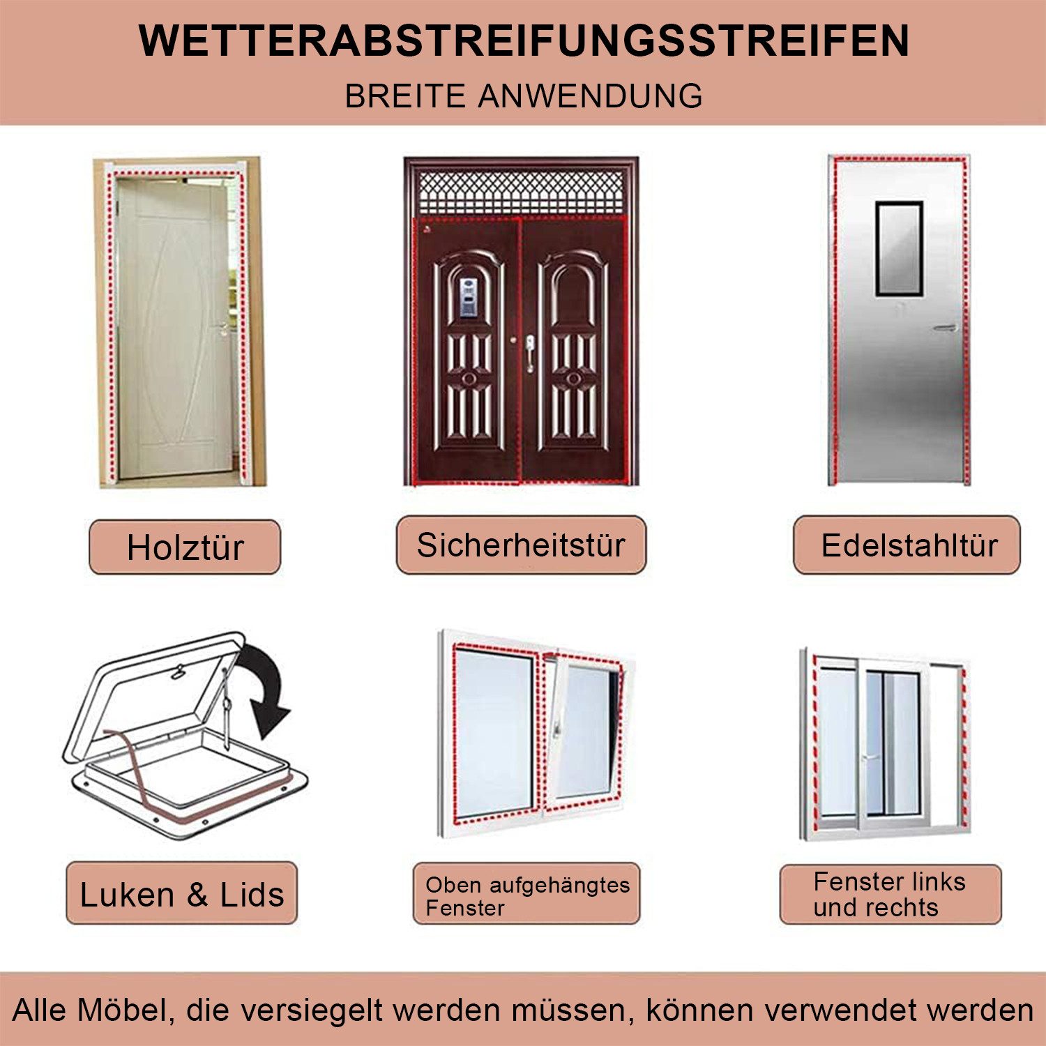 MODFU Türdichtband 6m Türdichtung selbstklebend Zugluftstopper, (Flexibel Dichtung Türrahmen 10mm x 10mm, 1-St., Staubdichte Schalldämmung Wärmedämmung Wasserdicht), für Spalten zwischen 7.5 und 9.5 mm Fenster Tür usw.