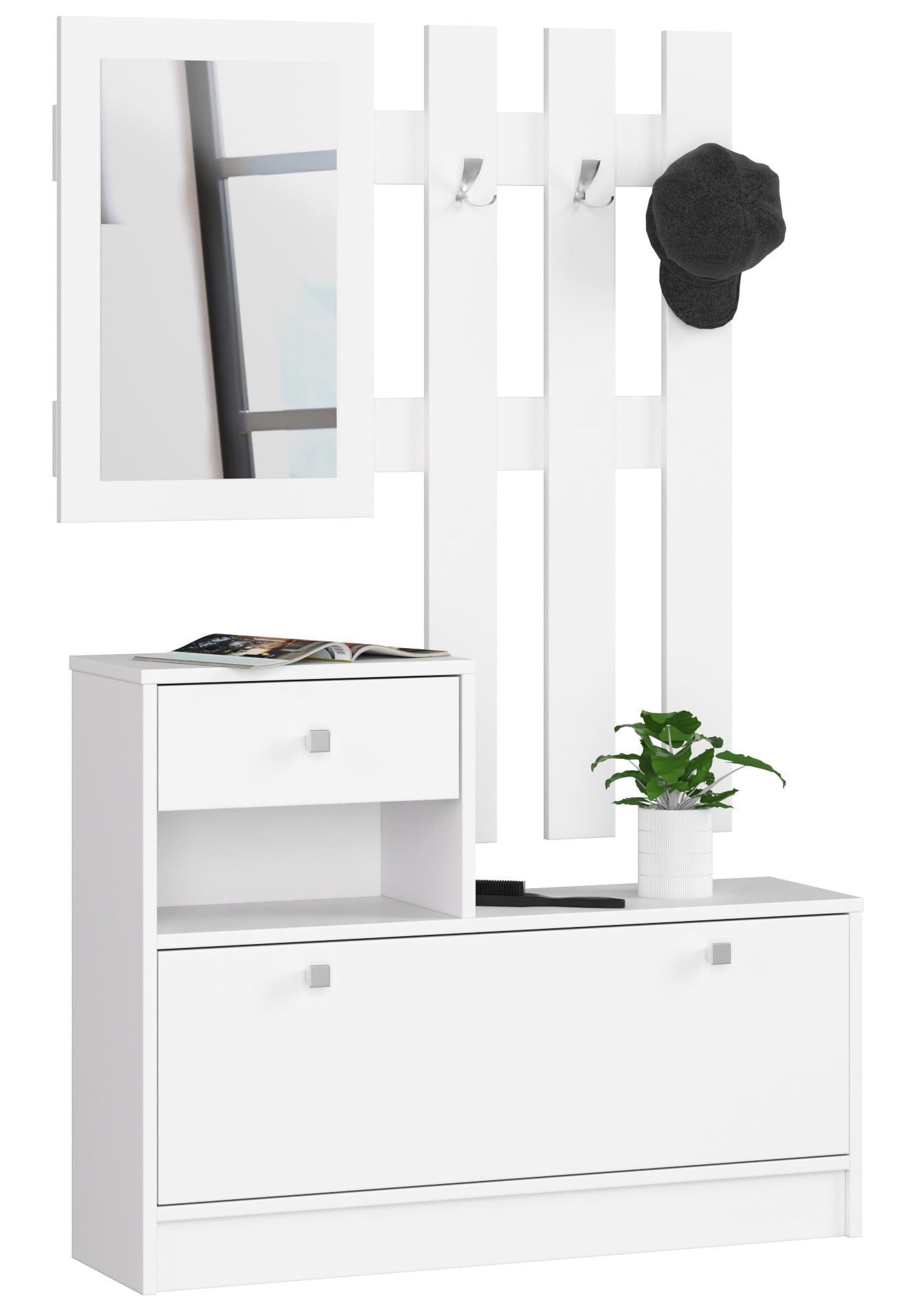 Raumhirsch Furniture Schuhschrank Möbelset für den Flur, Schuhschrank + Garderobe mit Spiegel 90cm Schuhschrank, Schublade mit 2 Einlegeböden 90x25x170 cm