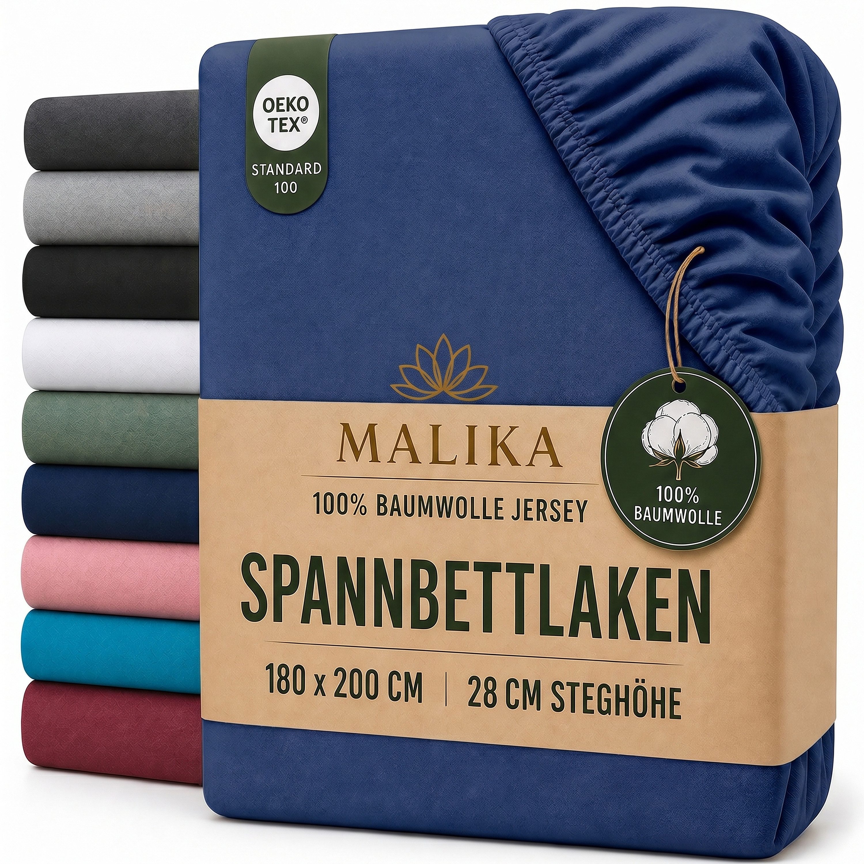Malika Spannbettlaken aus 100% Baumwolle, 90-100x200, Navy-Blau, Jersey Baumwolle, Gummizug: Ja, (1 Stück), Allergikergeeignet, Pflegeleicht und Atmungsaktiv