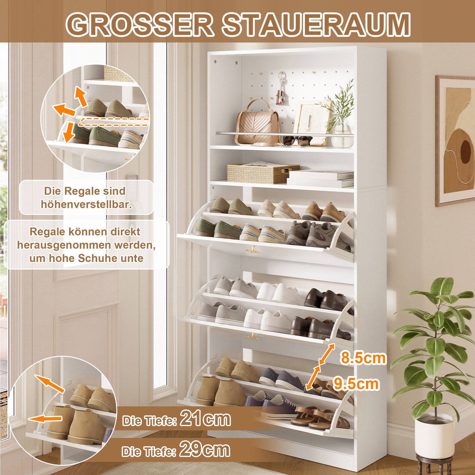 BlingBin Schuhschrank Schmaler Schuhkipper mit 3 Klappfächern,2 offenen Ablagen und Lochwand (2 Packung, 1-St., goldfarbenen Griffen,80x24x178,5 cm,24 cm tiefer,Kippsicherung) Schutzstange,herausnehmbaren Trennwänden,platzsparenden