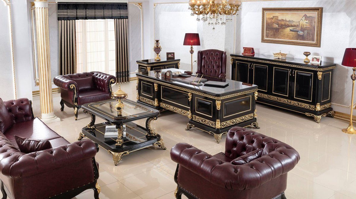 Casa Schreibtisch Bordeauxrot mit Barock - Chesterfield / - Büromöbel Schwarz Kunstleder Barock Schreibtisch Luxus Barock Set Barock 1 Gold 1 Büromöbel & Padrino edlem Prunkvolle / Bürostuhl