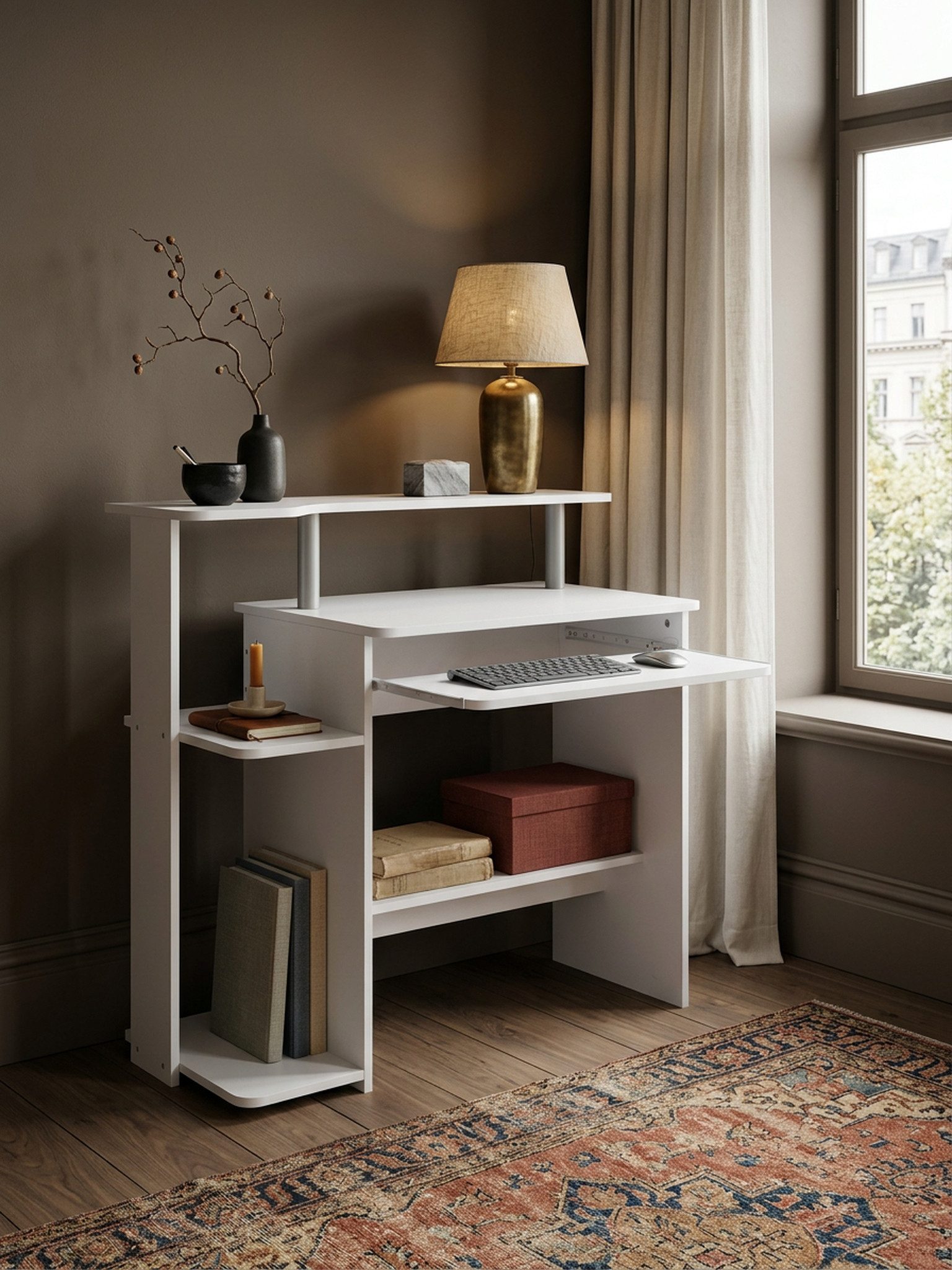 KADIMA DESIGN Schreibtisch Computertisch WL1.153 Weiß 94x90,5x48,5 cm Laptop Tisch Modern mit (Schreibtisch für kleine Räume mit Ablage, Laptoptisch Klein), Tastaturauszug, PC-Tisch mit Drucker-Ablage platzsparend