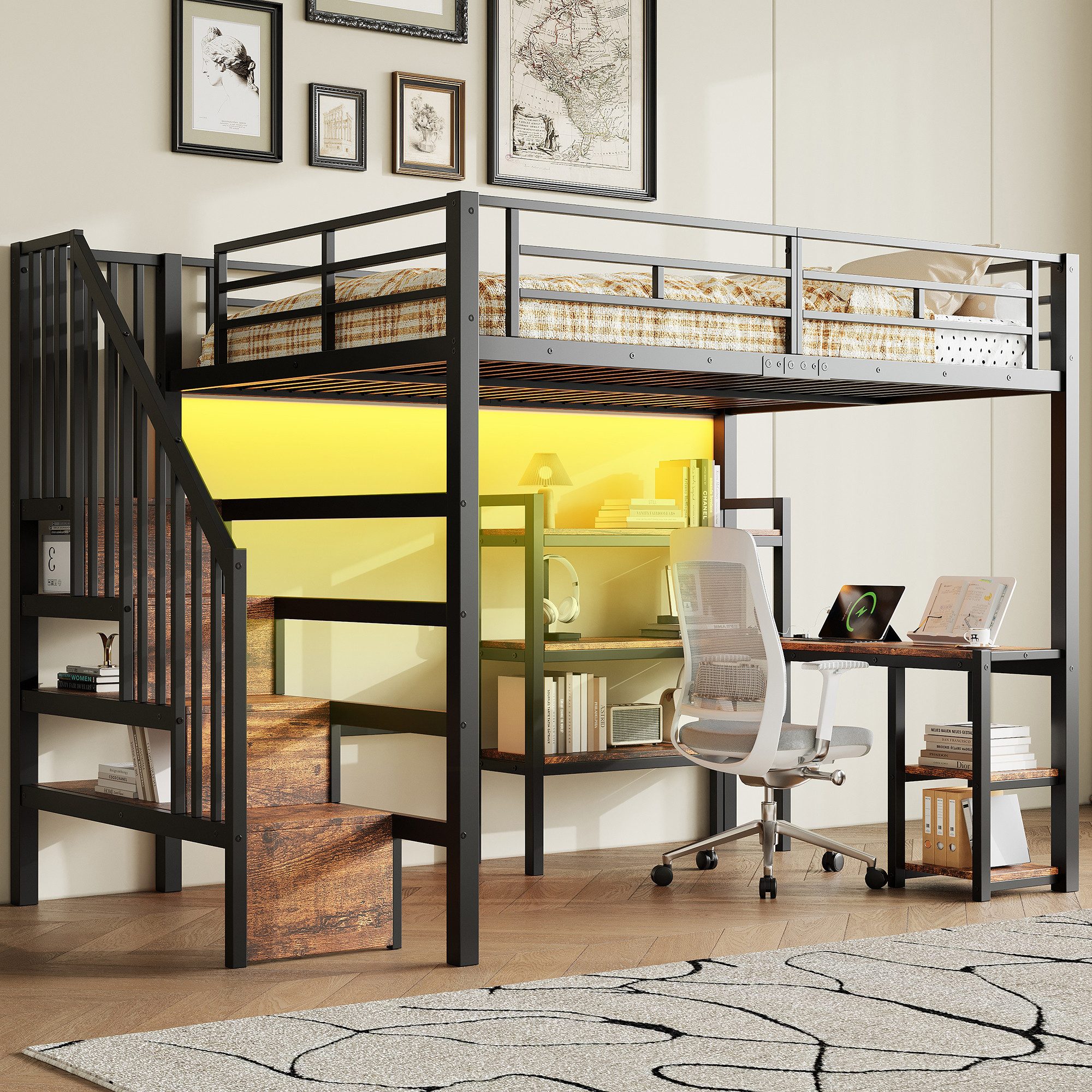 Flieks Hochbett Metallbett 140x200cm mit Schreibtisch Stauraumtreppe LED & Aufladen