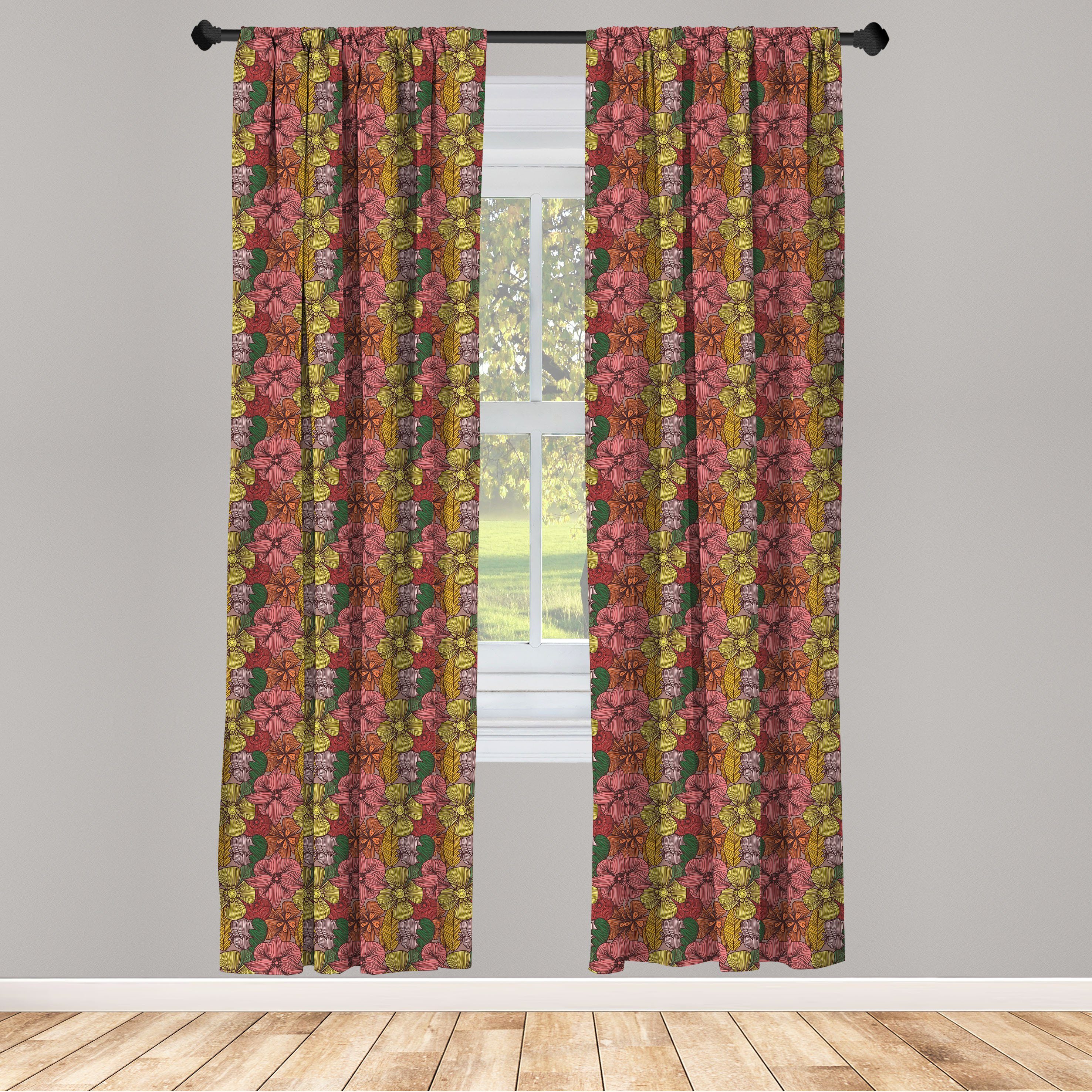 Gardine Vorhang für Wohnzimmer Schlafzimmer Dekor, Abakuhaus, Microfaser, Jahrgang Retro Romantisches Blooms | Fertiggardinen
