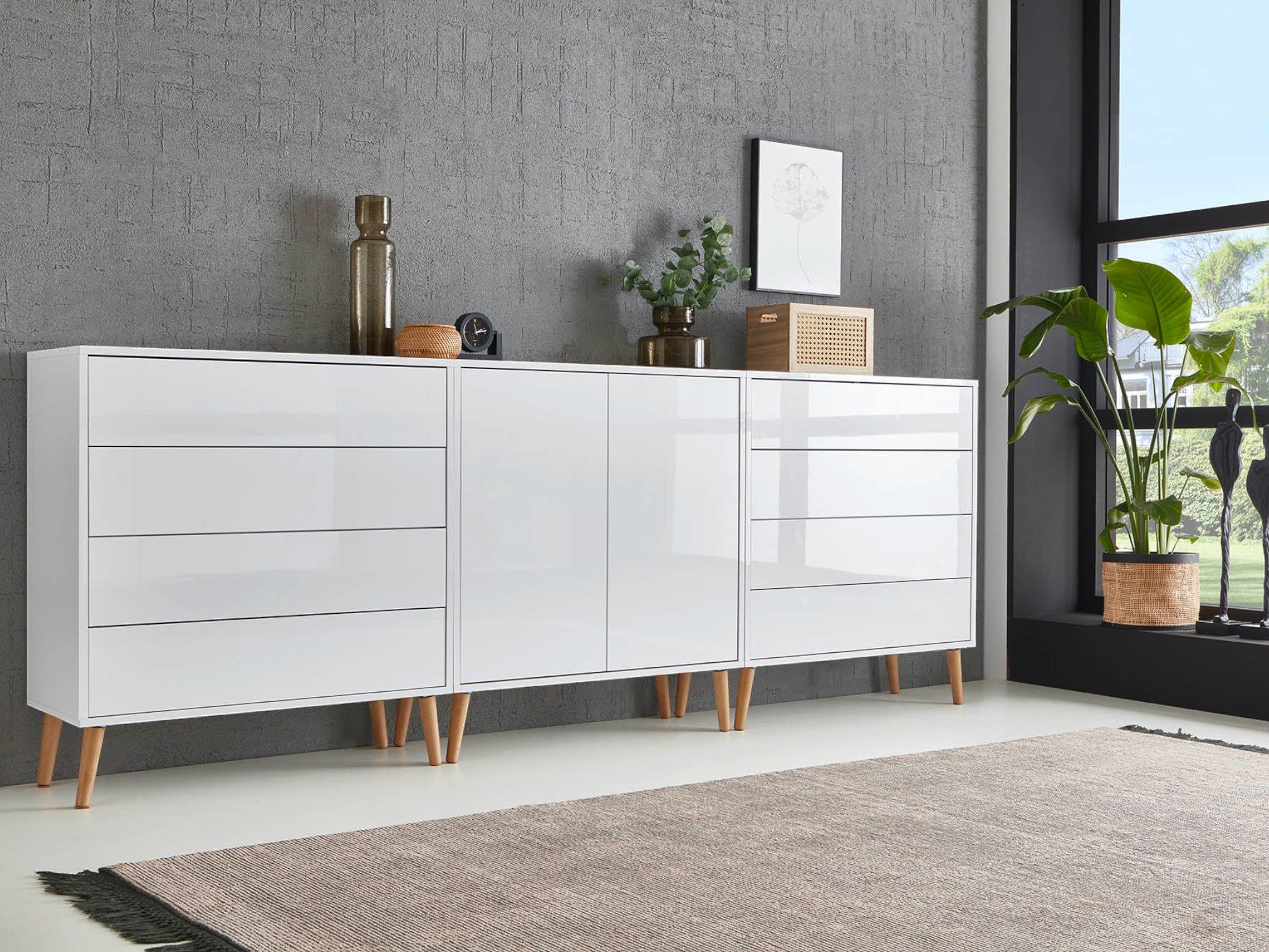 BMG Möbel Sideboard Mailand Set 4 (Kommode Anrichte Aktenschrank, mit Massivholzfuß), griffloses öffnen dank Push-to-Open-Funktion