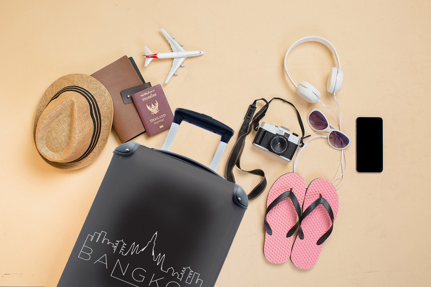 Skyline Trolley, für 4 Handgepäckkoffer Reisetasche Handgepäck Ferien, "Bangkok" auf Reisekoffer rollen, weiß MuchoWow schwarz, mit Rollen,