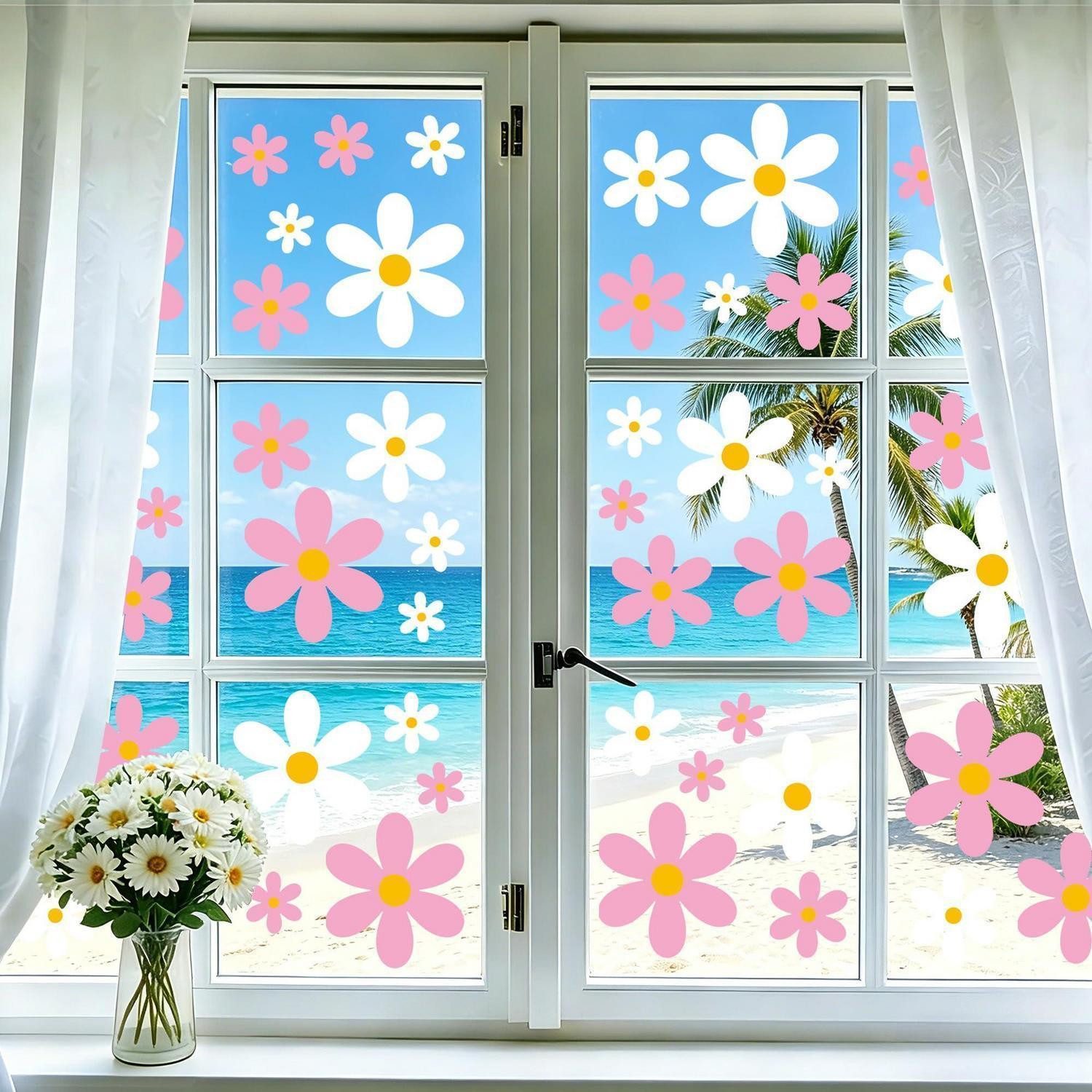 LuxusKollektion Fensterbild Fenstersticker Gänseblümchen 72 Stück Rosa Weiß