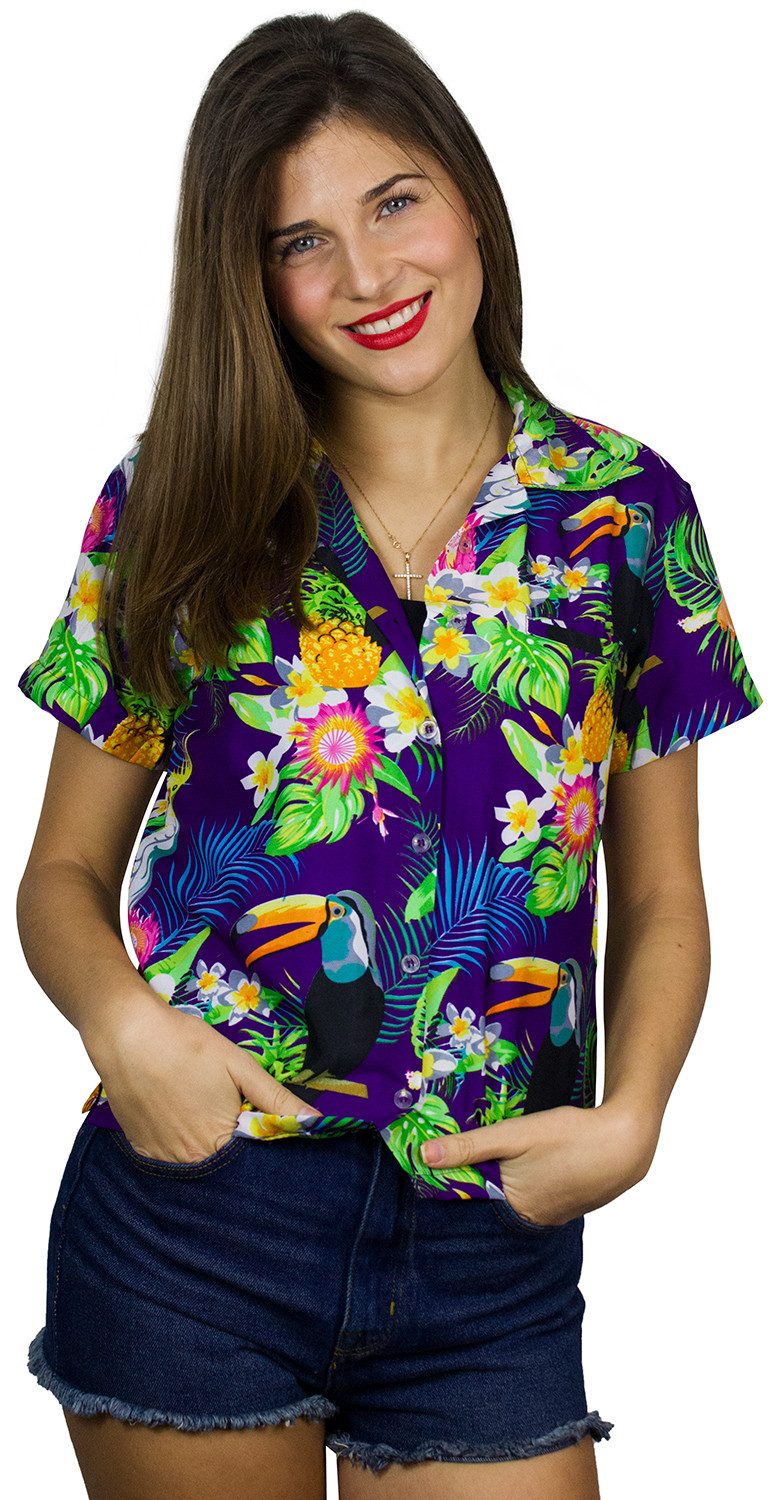 King Kameha Hawaiihemd Parrot Cockatoo Funky Hawaiibluse Damen Kurzarm Front-Tasche Stylish