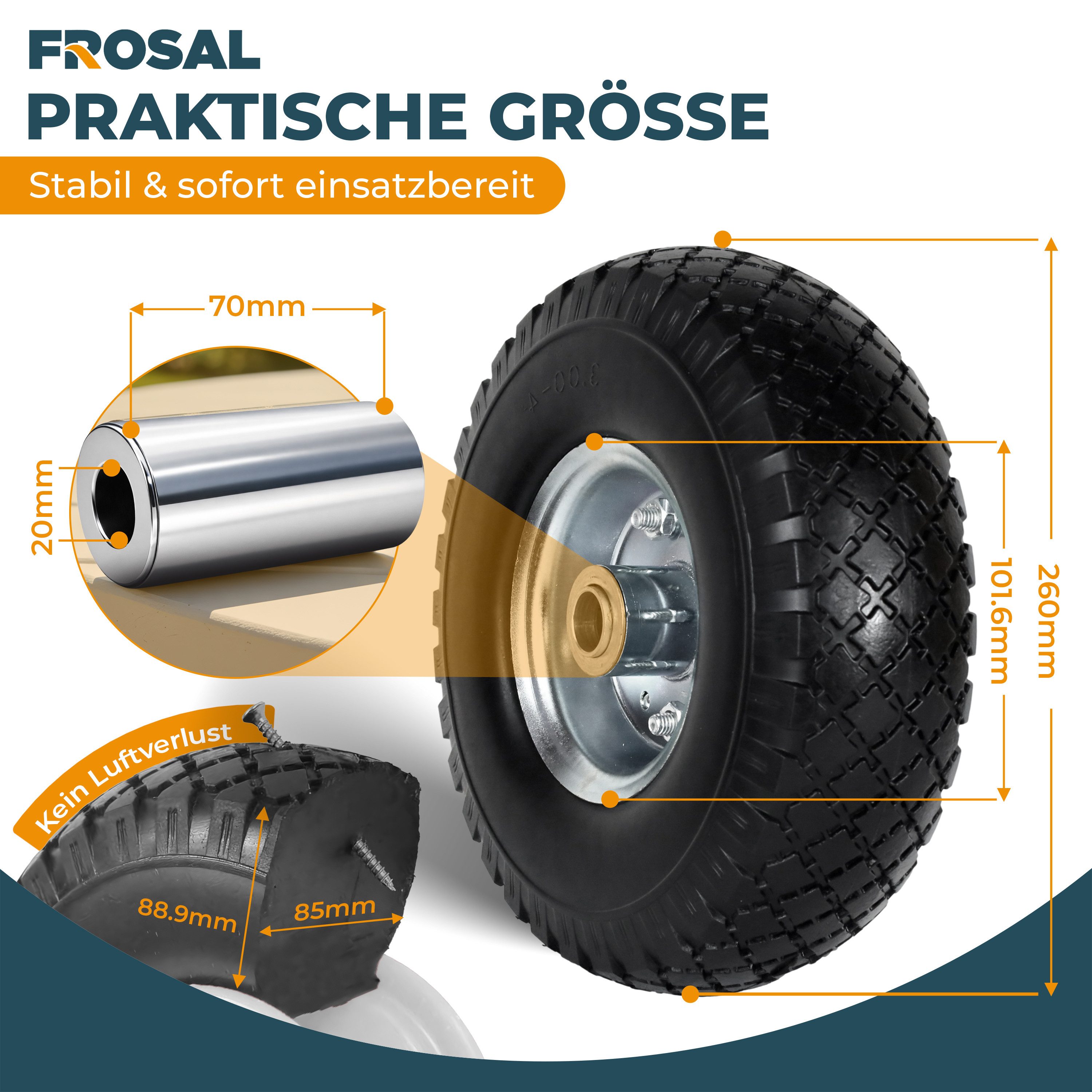 Frosal Ersatzrad 2 x PU Rad Stahlfelge Silber 20 mm Bollerwagen Sackkarre (1 St)