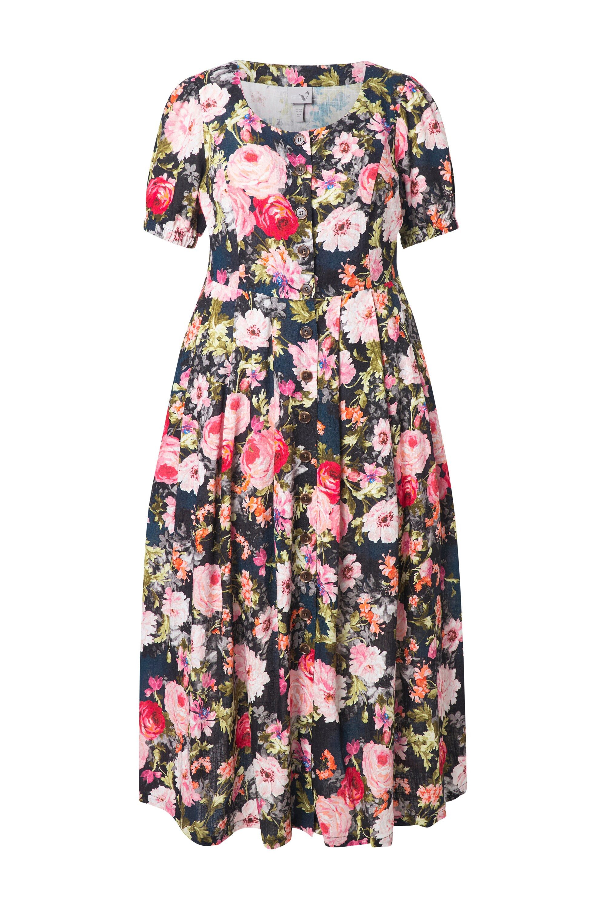 Ulla Popken Dirndl Maxikleid Leinenmix Blüten Rundhals Halbarm günstig online kaufen