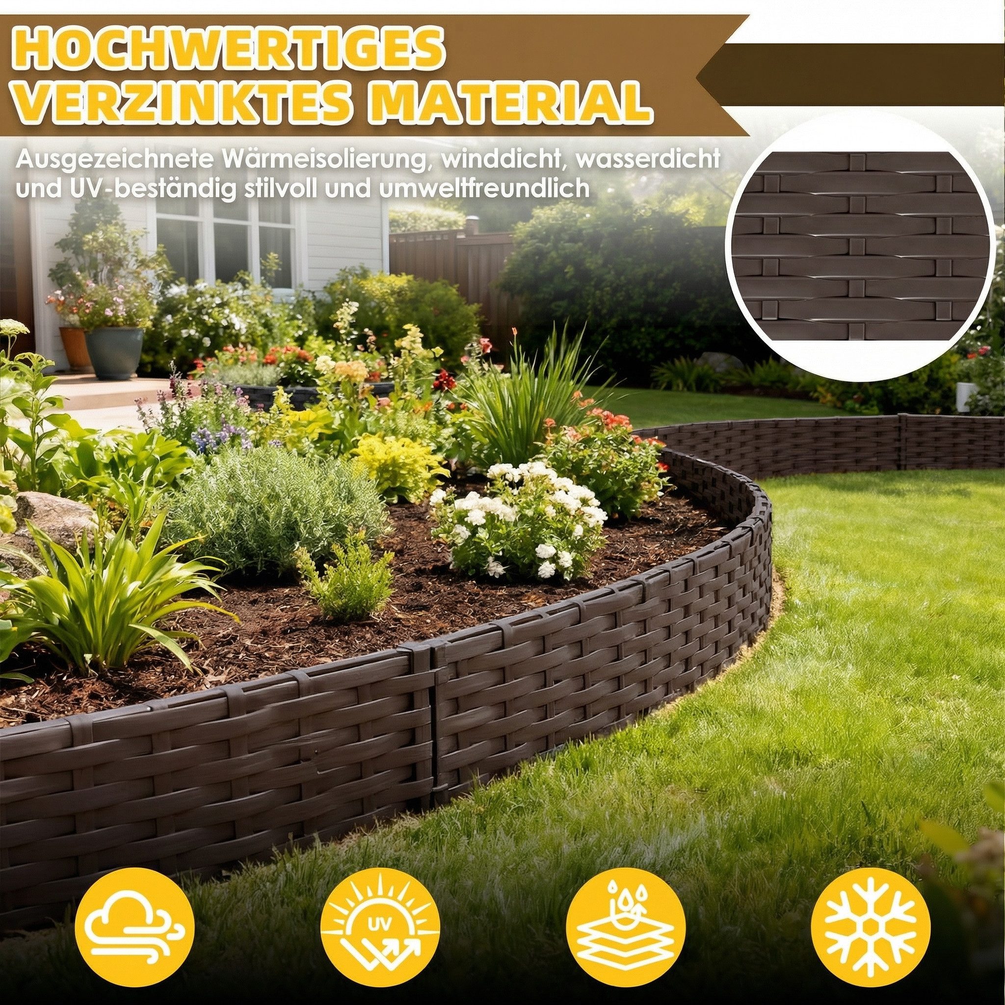 Huracan Beetumrandung Kunststoff Rasenkante Rattan-Optik, Beeteinfassung Beetumrandung Gartenpalisade, Wetterfeste UV-beständige Beetzaun Randsteine, Flexible Steckmontage für Blumenbeete Rasen Garten