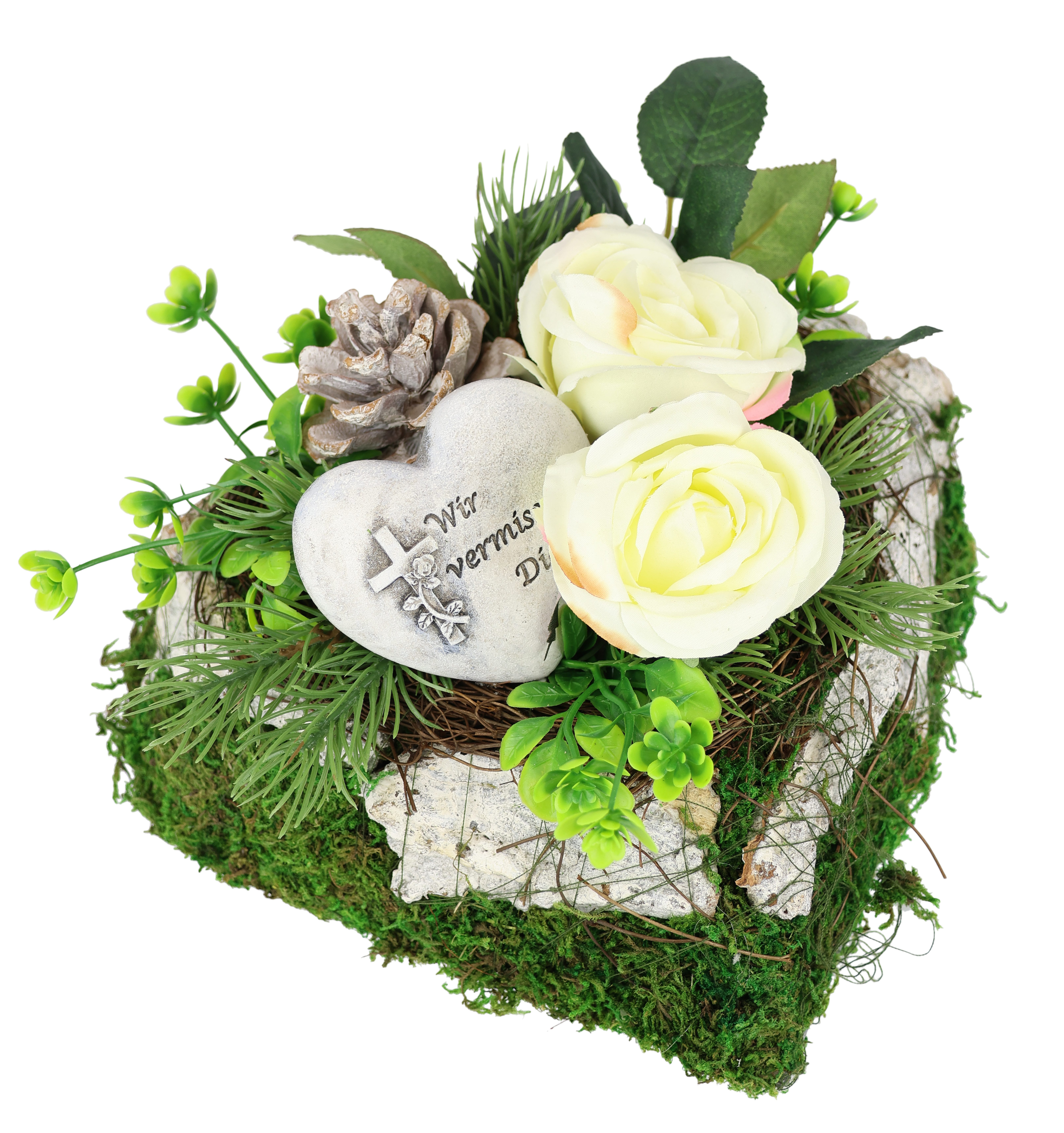 Kunstblume Gesteck mit Rosen und Gedenkherz auf Herz-Pflanzschale, OTTO home, Höhe 13 cm, Dekoratives Herzgesteck mit Herzstein und weißen Kunstrosen