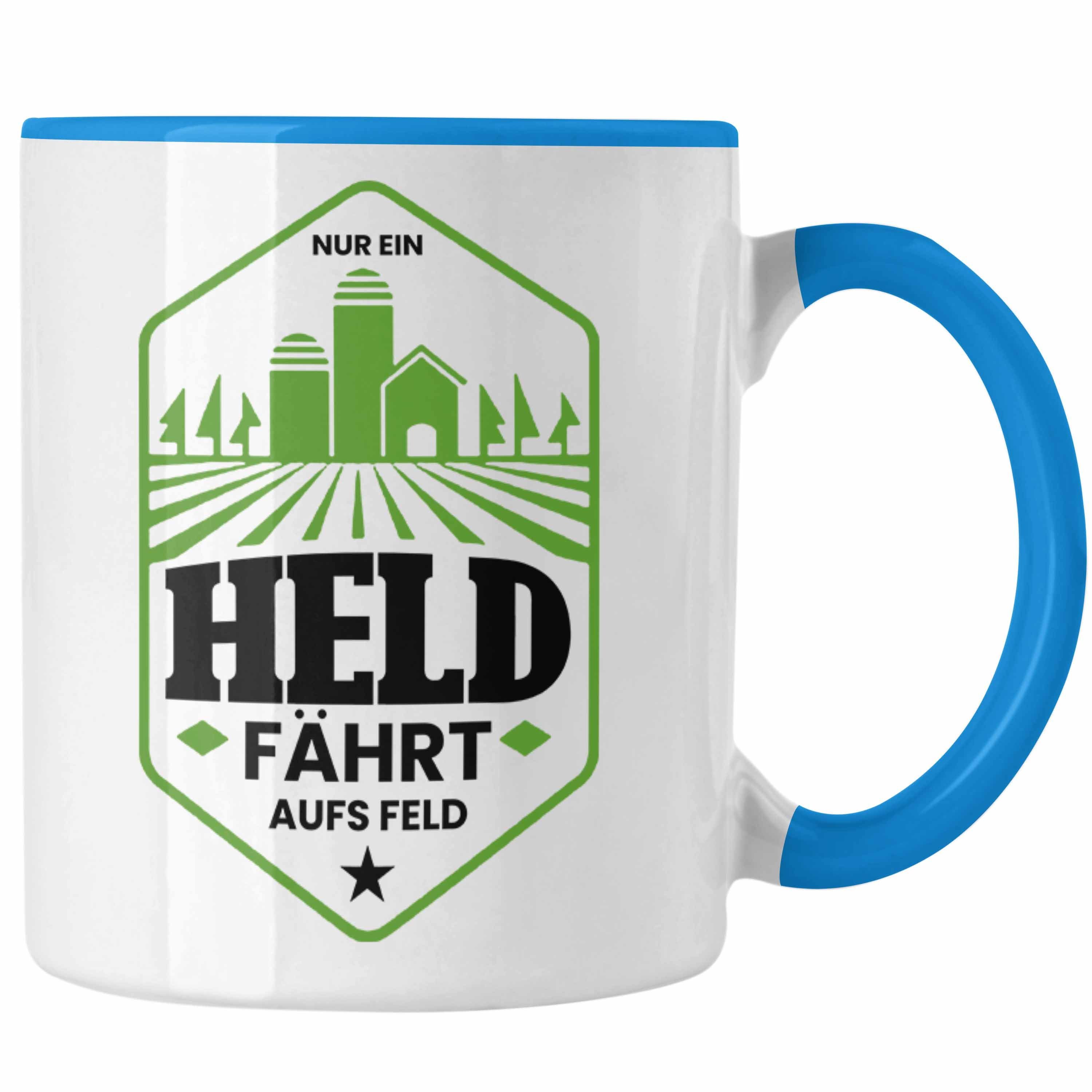 Trendation Tasse Lustige Tasse für Landwirte Bauern Geschenk Spruch Nur Ein Held Fährt Blau