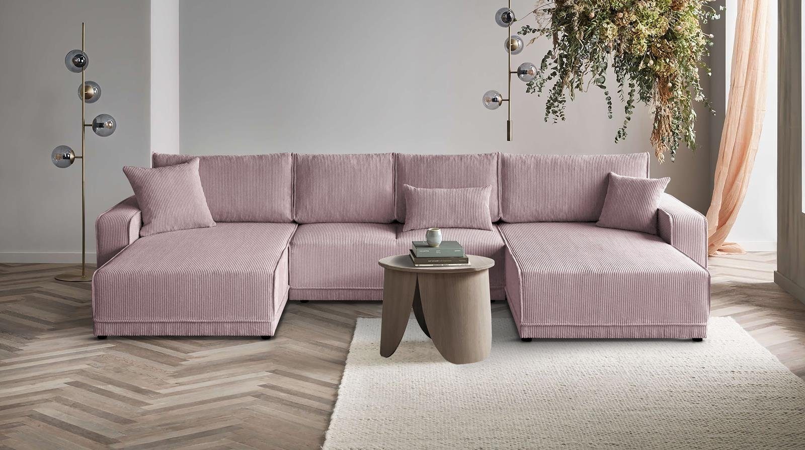 Beautysofa Ecksofa Primo U, U-Form Polsterecke für Wohnzimmer, Eckcouch aus Cordstoff, mit Schlaffunktion und Bettkasten Rosa (poso 27)