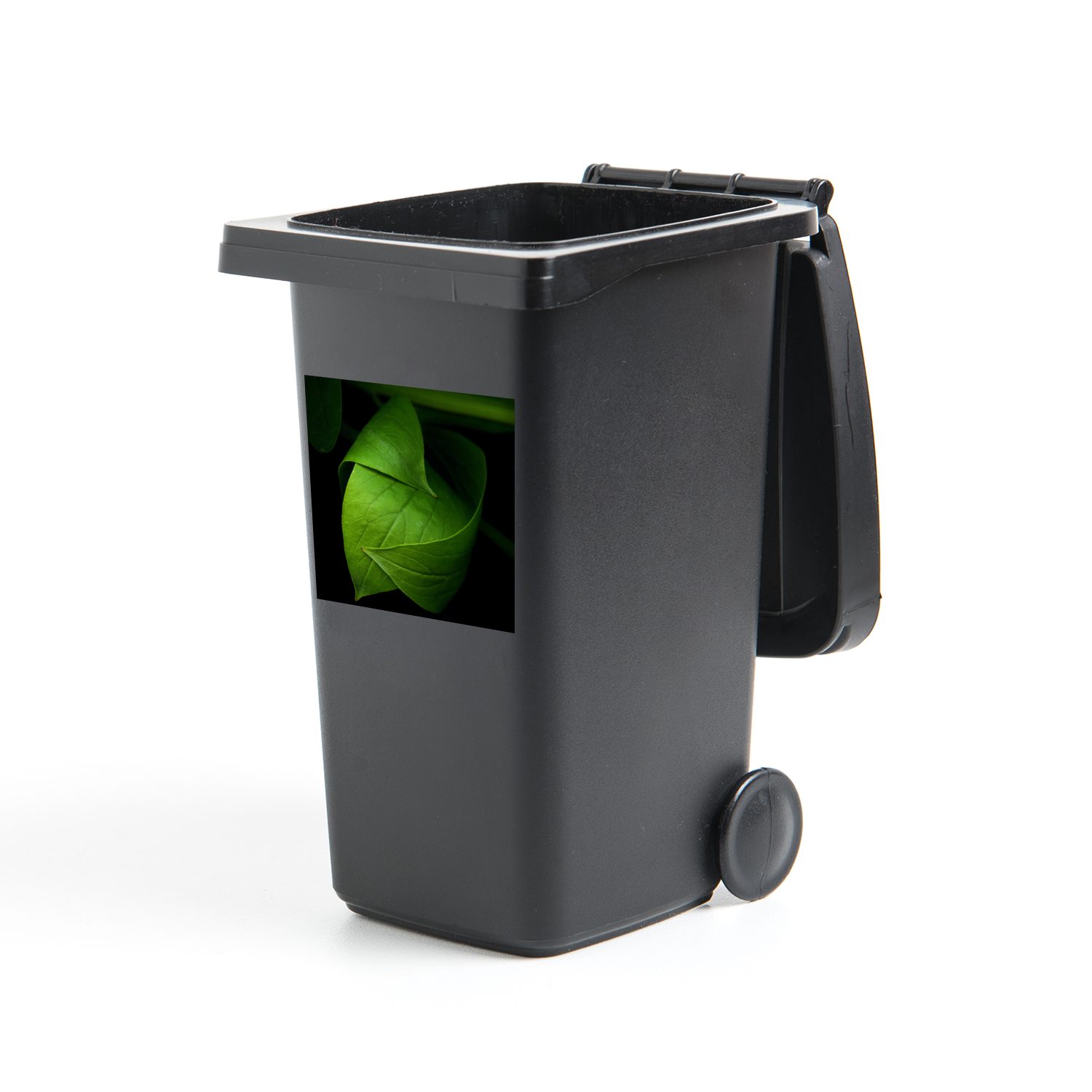 MuchoWow Wandsticker Die Details eines Container, schwarzem St), Blattes Mülleimer-aufkleber, Sticker, grünen Hintergrund vor Mülltonne, (1 Abfalbehälter