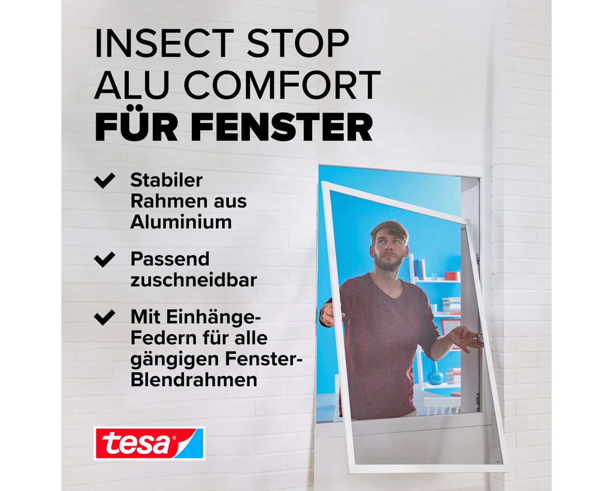Thumbnail - tesa Insektenschutz-Fensterrahmen Insect Stop ALU Comfort Fliegengitter für Fenster - 1.4 m : 1.5 m, (Packung, 1-St., Fl...