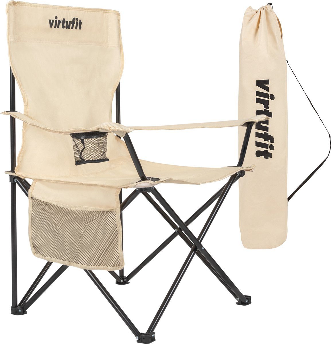VirtuFit Campingstuhl VirtuFit Faltbarer Campingstuhl Beige mit Becherhalter und Tasche