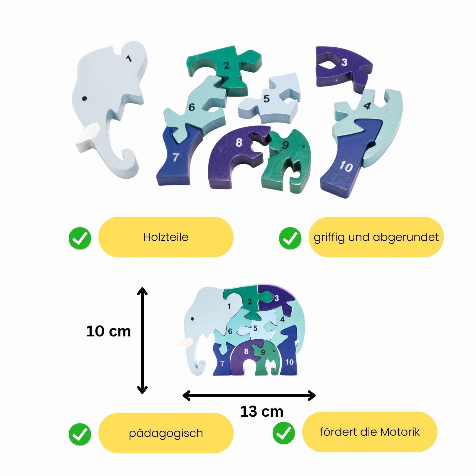 GICO Steckpuzzle Holzpuzzle Elefant mit Zahlen von 1 bis 10- 3941, Puzzleteile